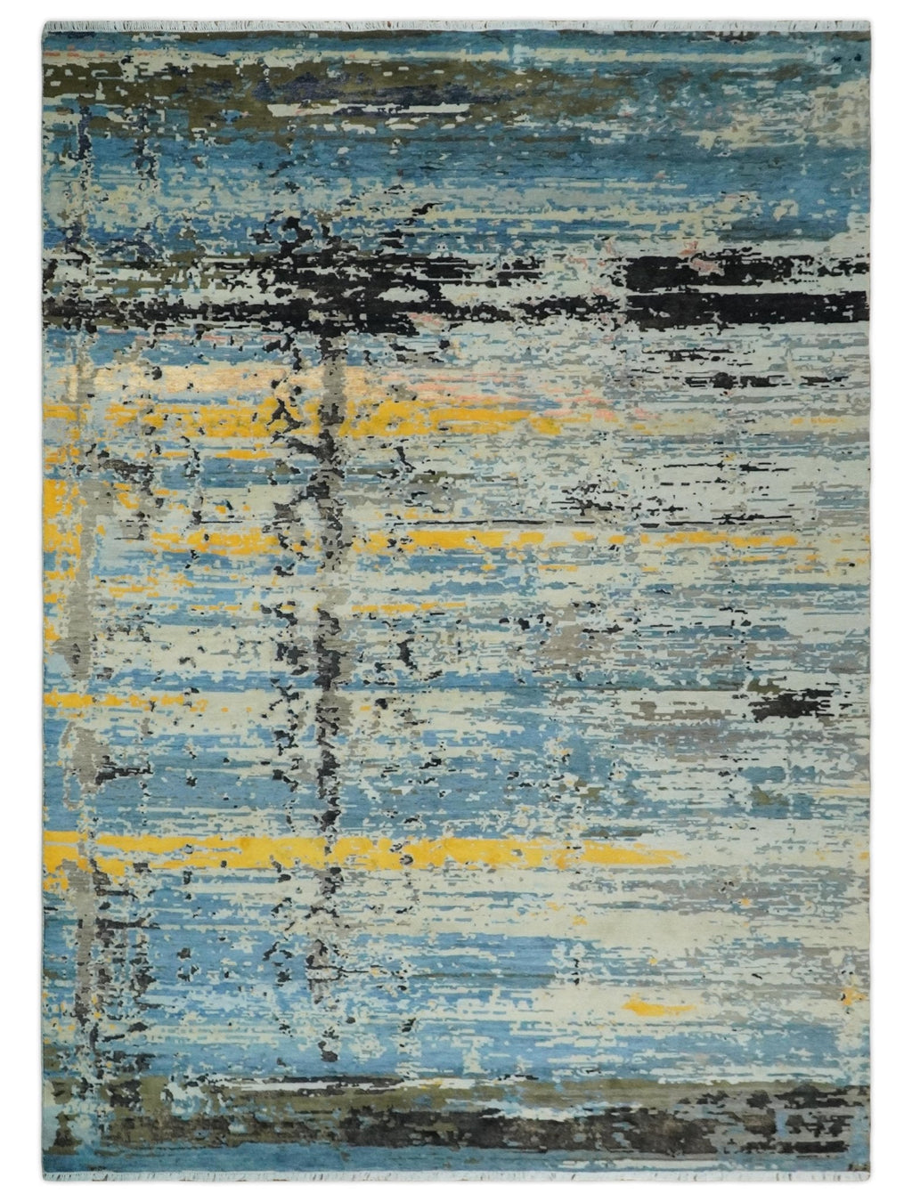 10x14 Fine Hand Knotted Blue and Black Modern Abstract Style Wool and Silk Area Rug