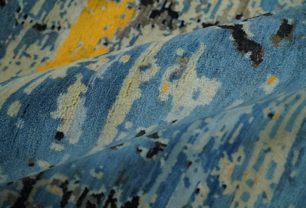 10x14 Fine Hand Knotted Blue and Black Modern Abstract Style Wool and Silk Area Rug