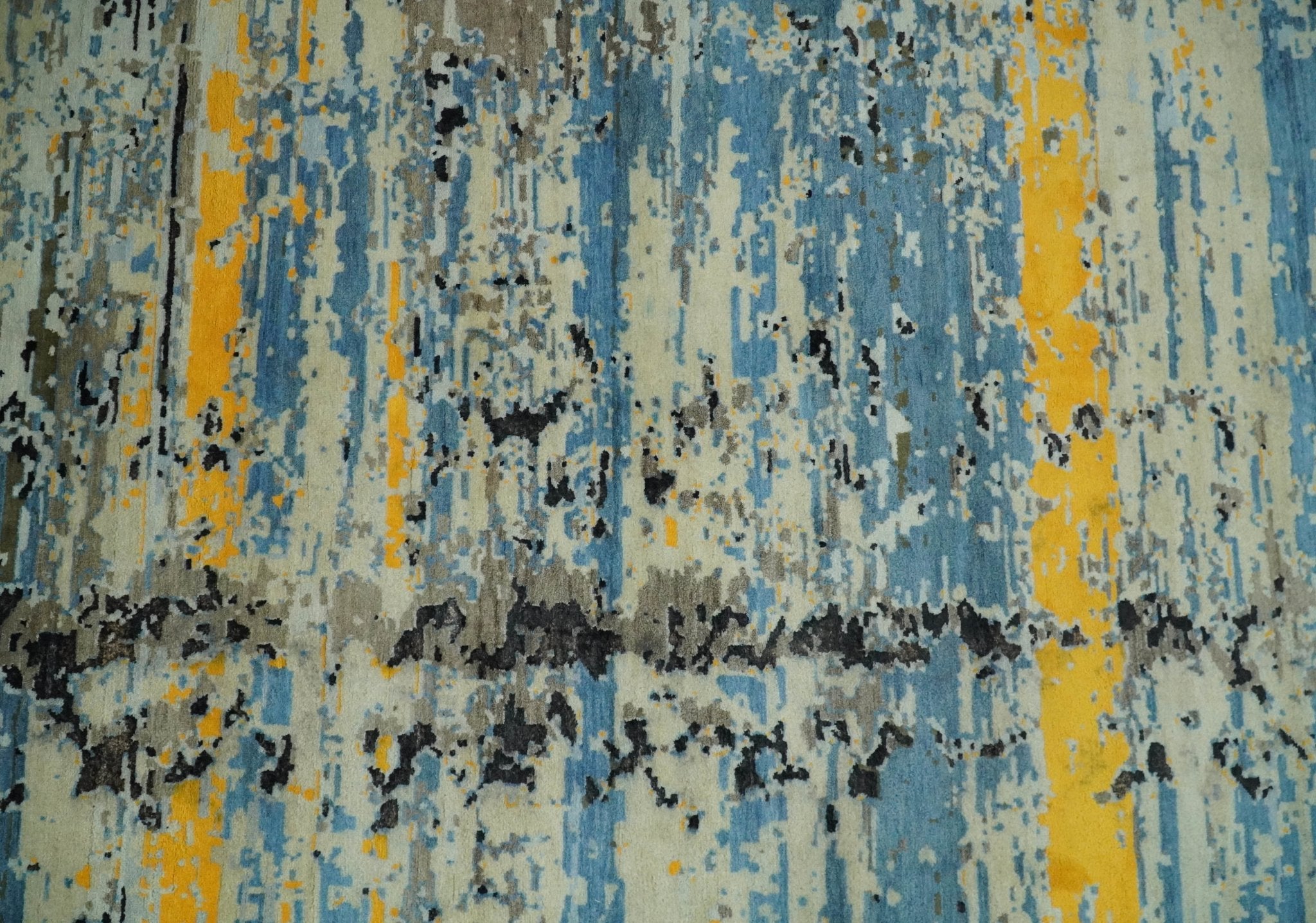 10x14 Fine Hand Knotted Blue and Black Modern Abstract Style Wool and Silk Area Rug