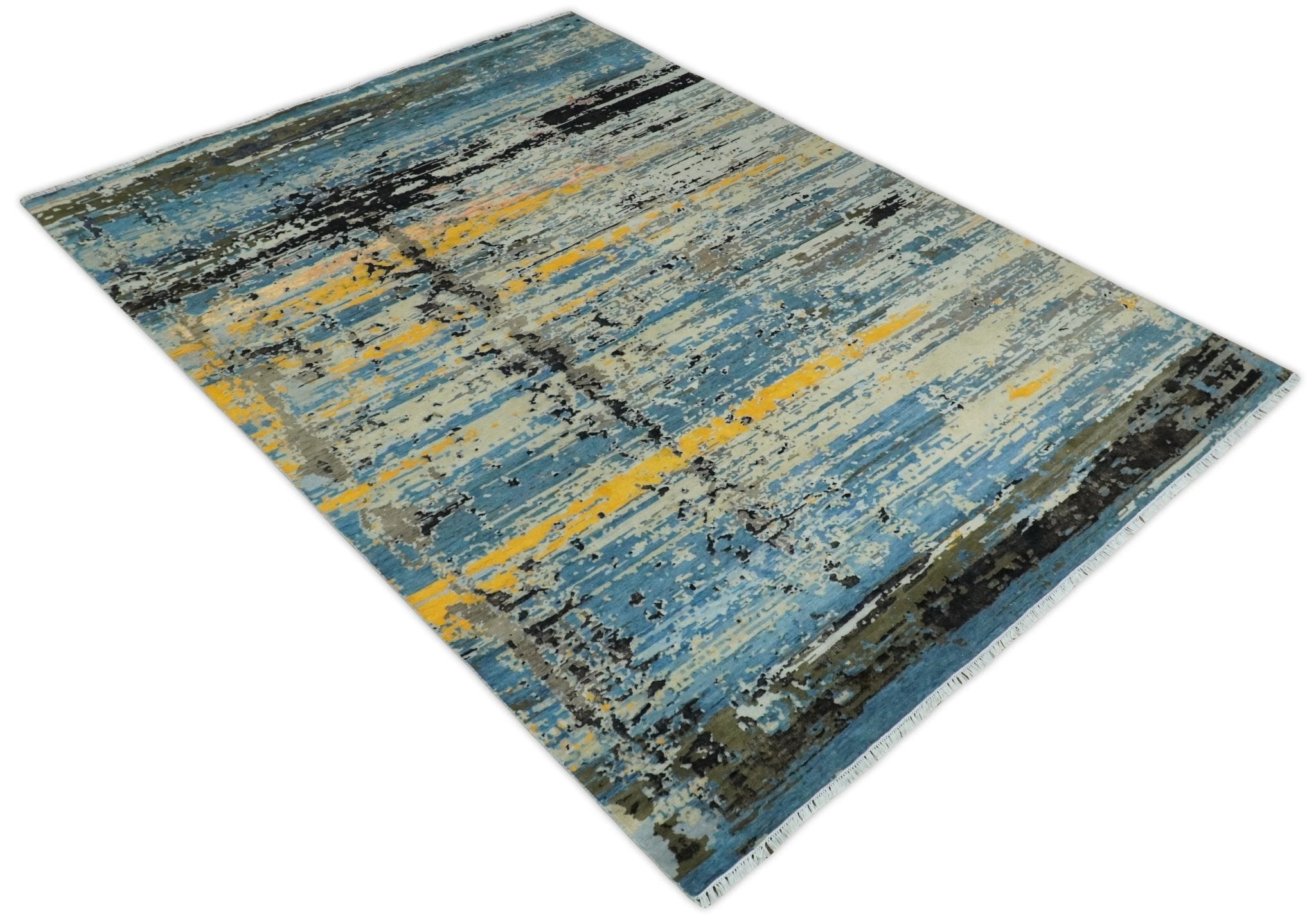 10x14 Fine Hand Knotted Blue and Black Modern Abstract Style Wool and Silk Area Rug