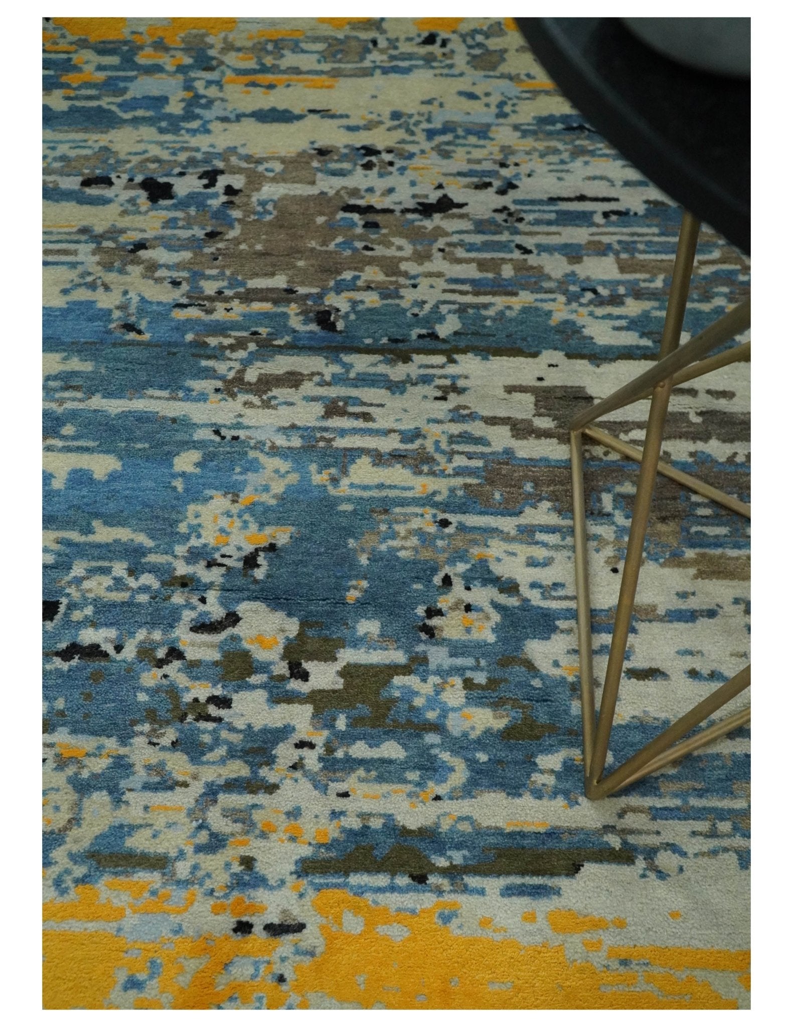 10x14 Fine Hand Knotted Blue and Black Modern Abstract Style Wool and Silk Area Rug