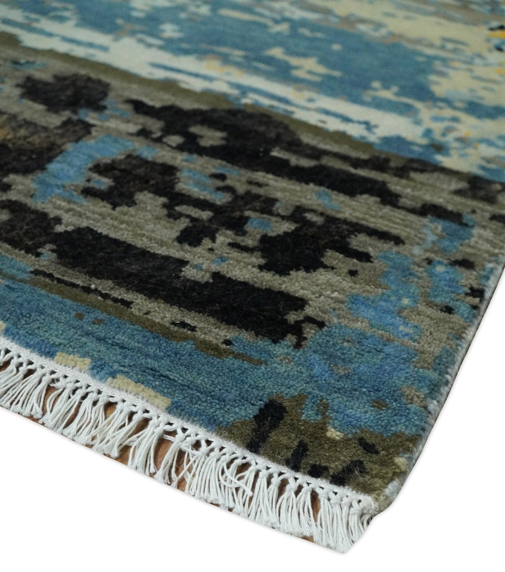 10x14 Fine Hand Knotted Blue and Black Modern Abstract Style Wool and Silk Area Rug