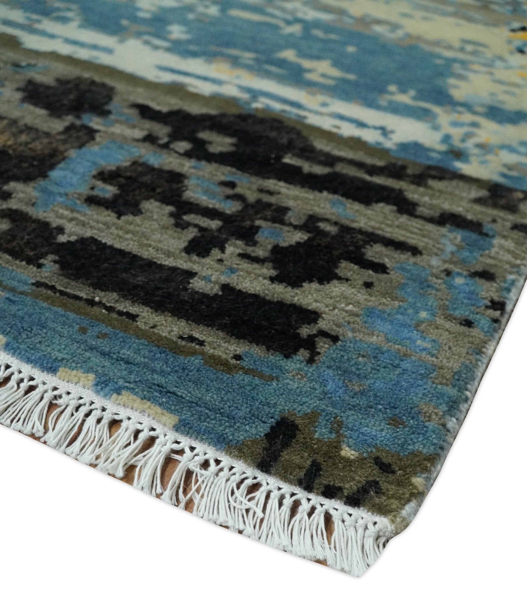 10x14 Fine Hand Knotted Blue and Black Modern Abstract Style Wool and Silk Area Rug