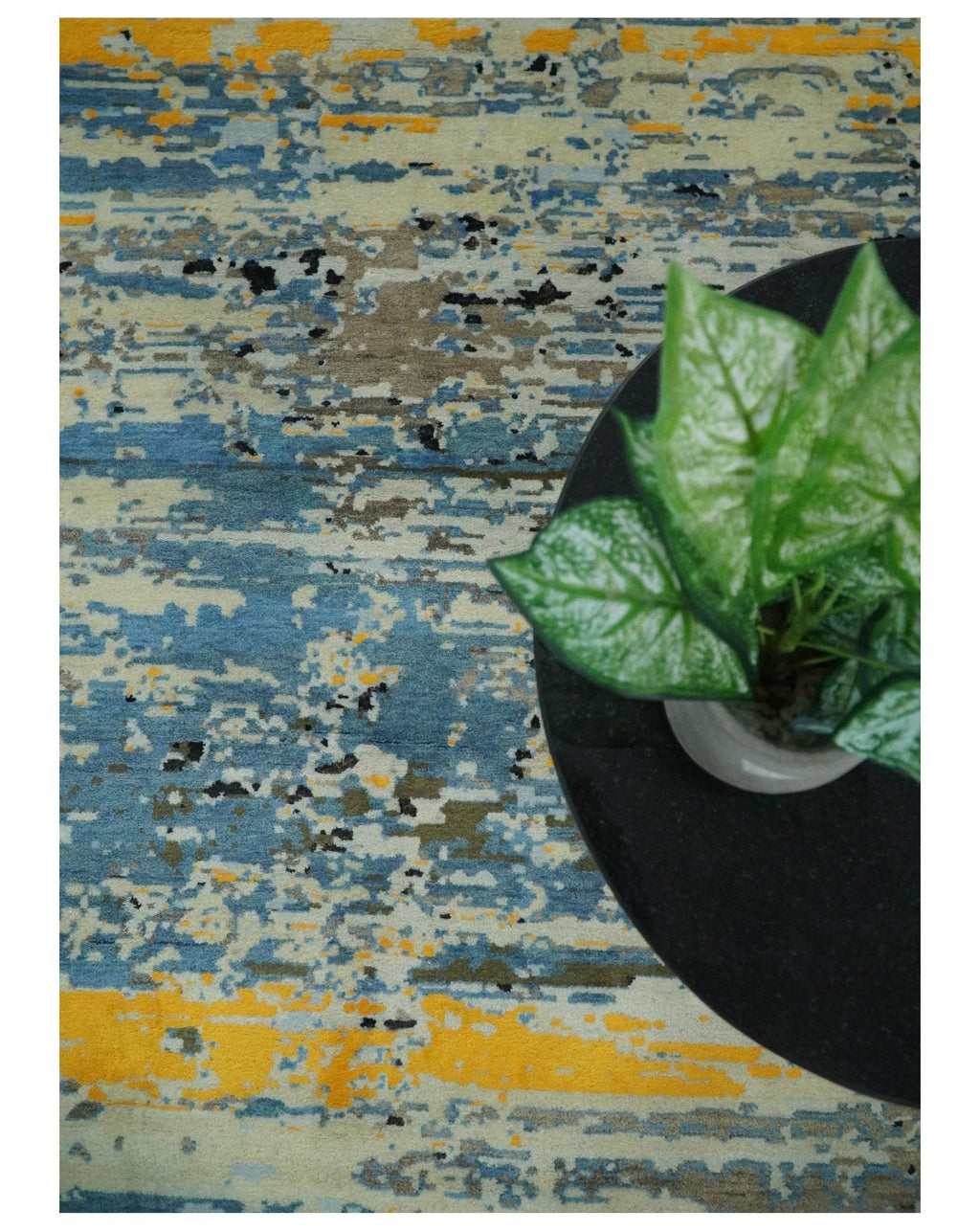 10x14 Fine Hand Knotted Blue and Black Modern Abstract Style Wool and Silk Area Rug