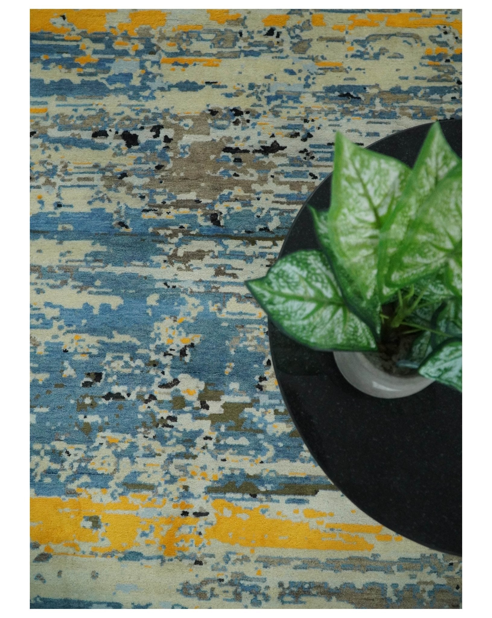 10x14 Fine Hand Knotted Blue and Black Modern Abstract Style Wool and Silk Area Rug