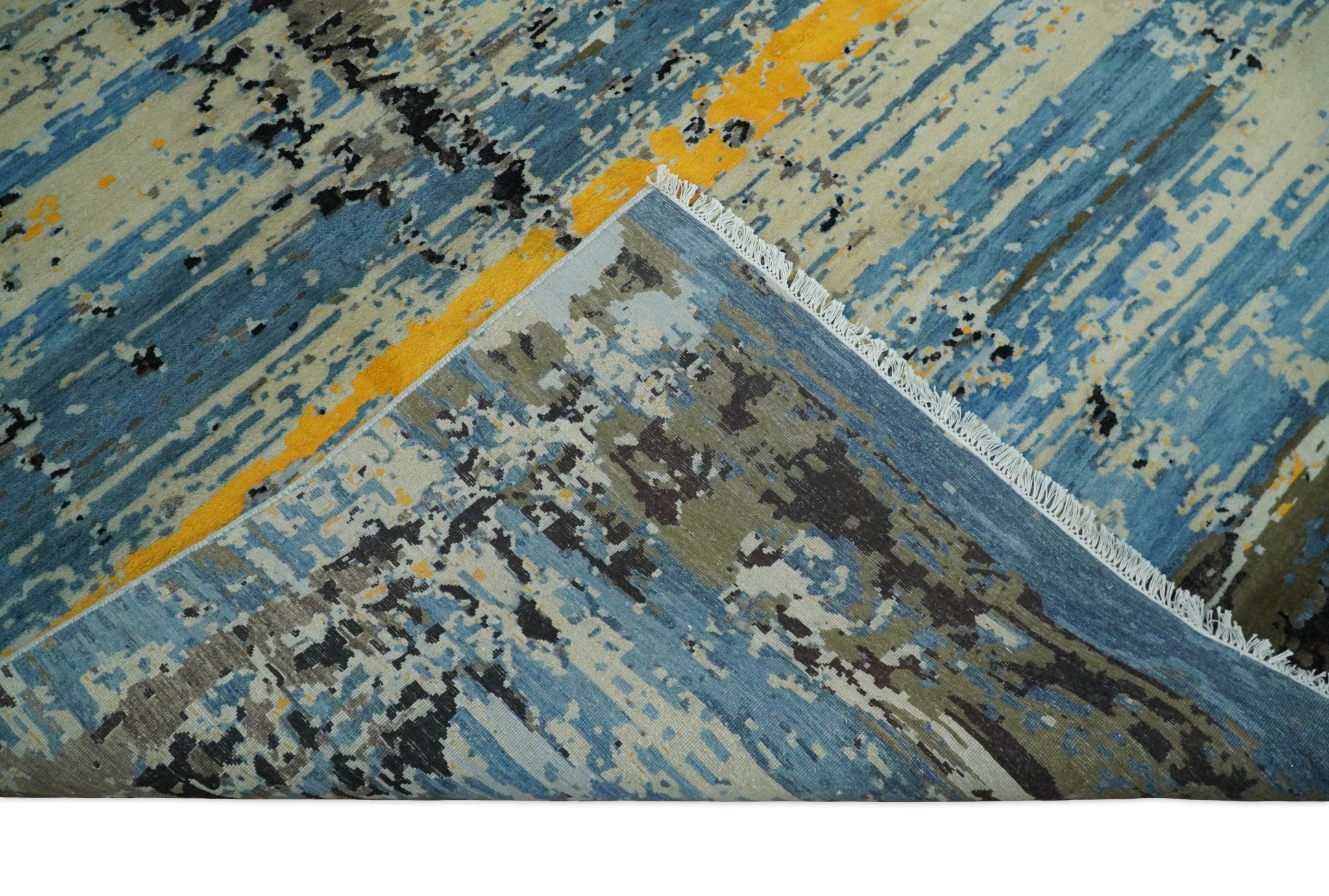 10x14 Fine Hand Knotted Blue and Black Modern Abstract Style Wool and Silk Area Rug