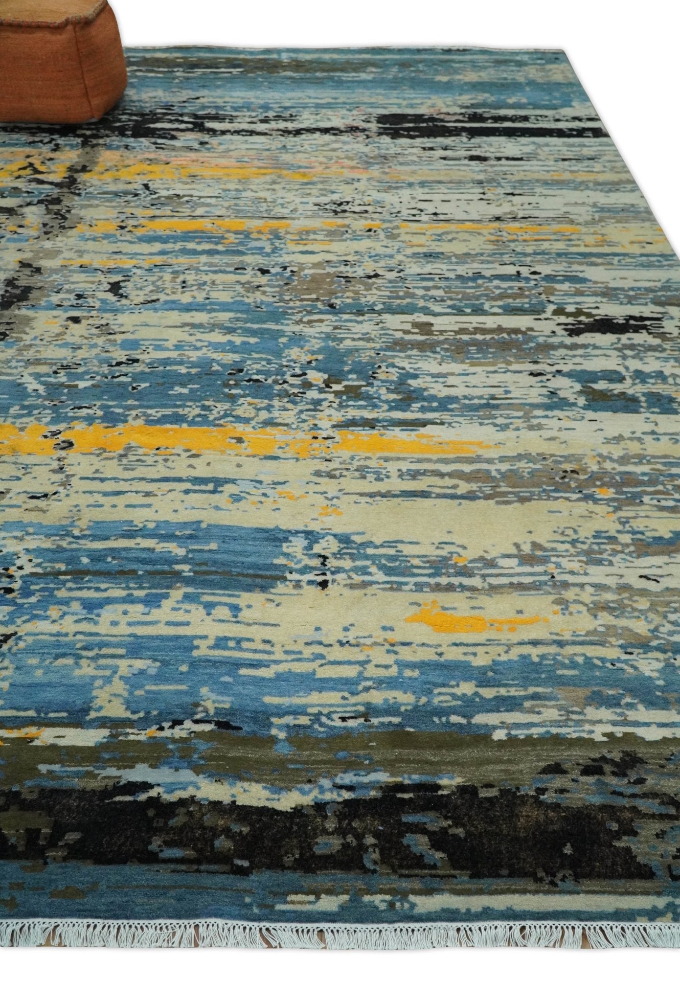 10x14 Fine Hand Knotted Blue and Black Modern Abstract Style Wool and Silk Area Rug