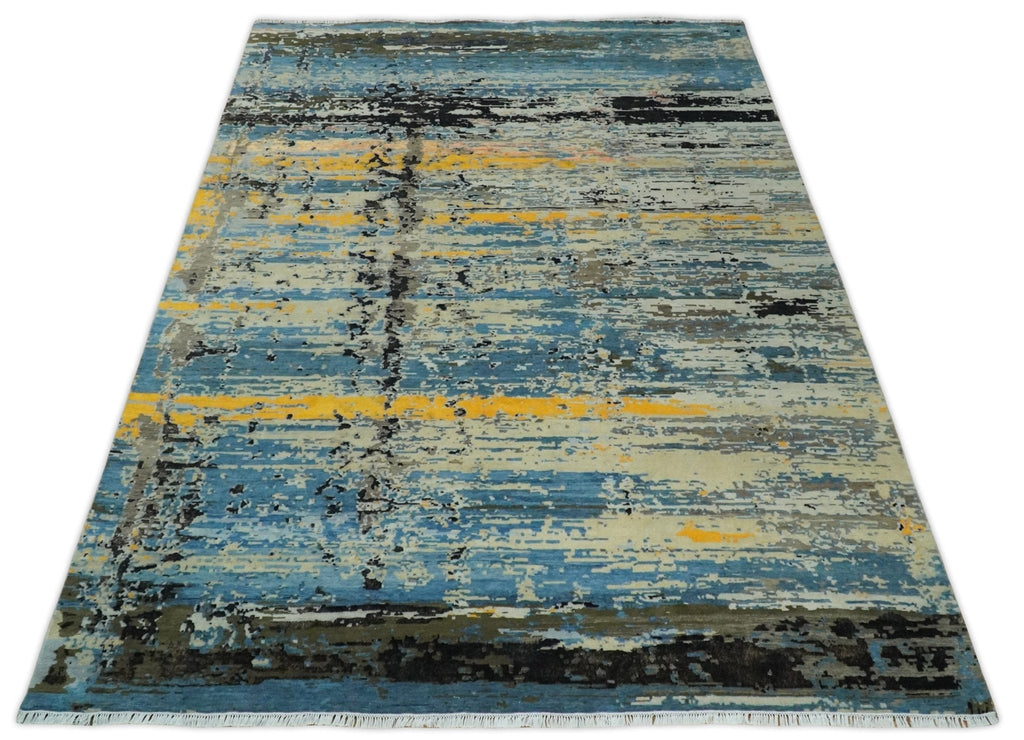10x14 Fine Hand Knotted Blue and Black Modern Abstract Style Wool and Silk Area Rug