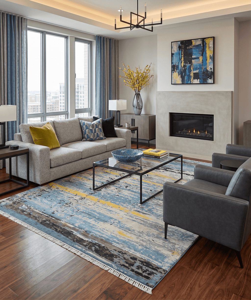 10x14 Fine Hand Knotted Blue and Black Modern Abstract Style Wool and Silk Area Rug
