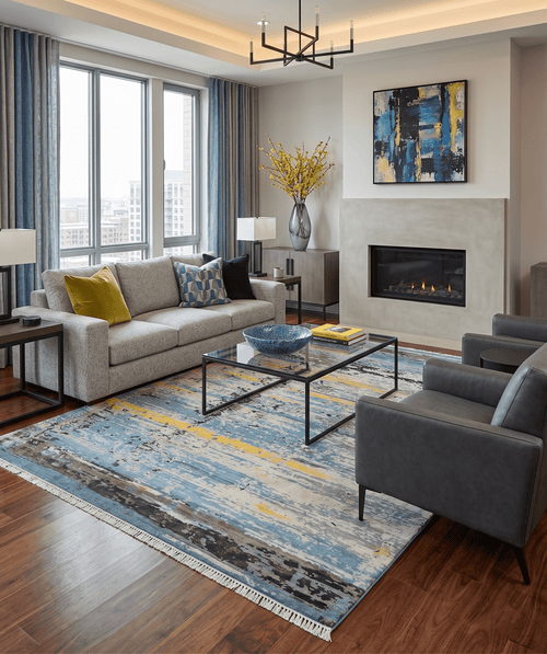 10x14 Fine Hand Knotted Blue and Black Modern Abstract Style Wool and Silk Area Rug