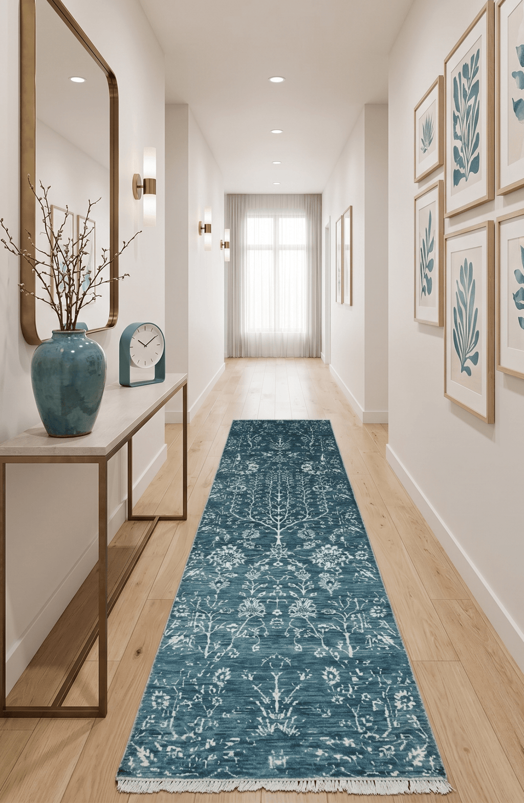 2.6x10 Fine Hand Knotted White and Blue Traditional Persian Style Antique Wool Rug