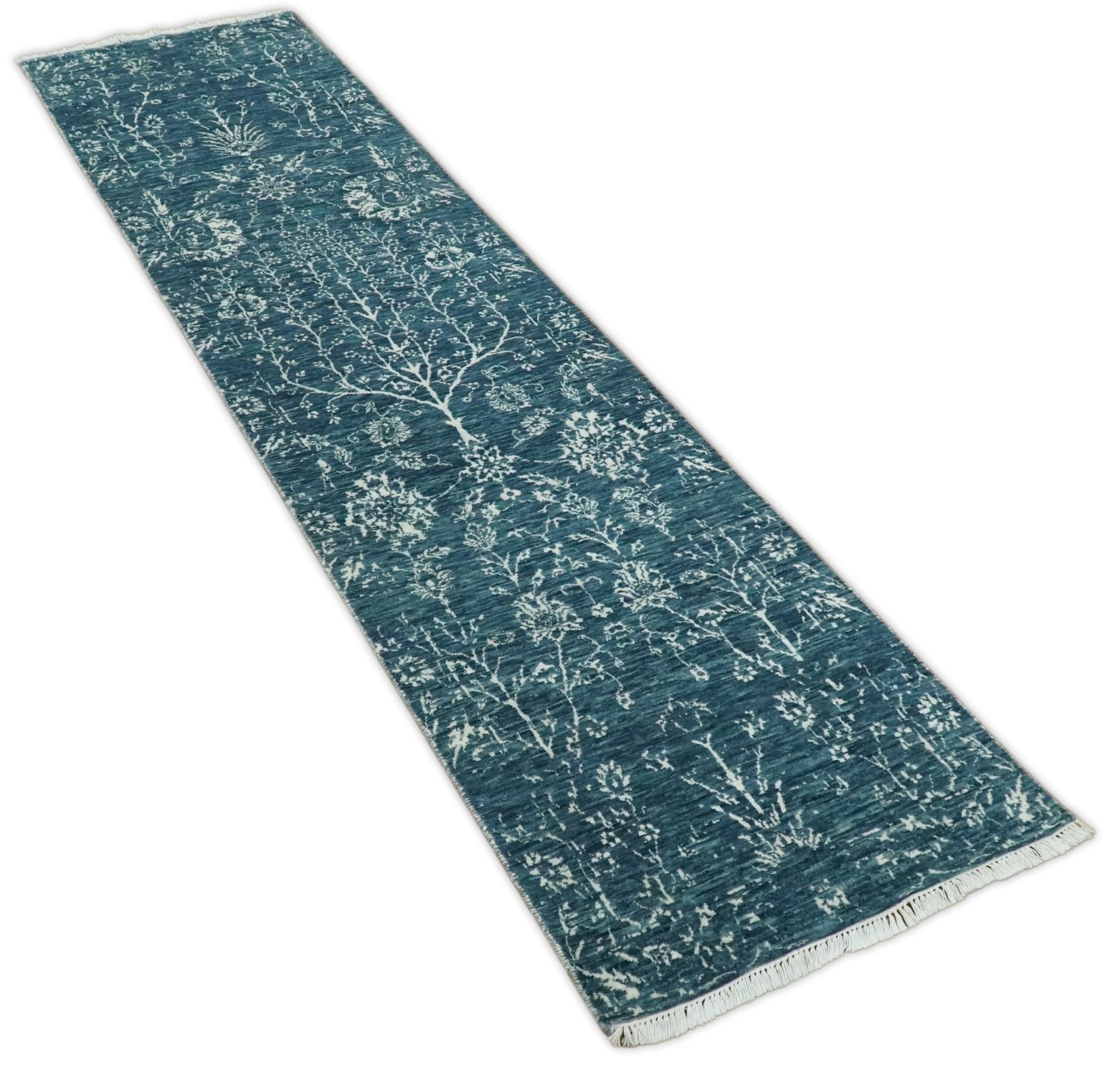 2.6x10 Fine Hand Knotted White and Blue Traditional Persian Style Antique Wool Rug