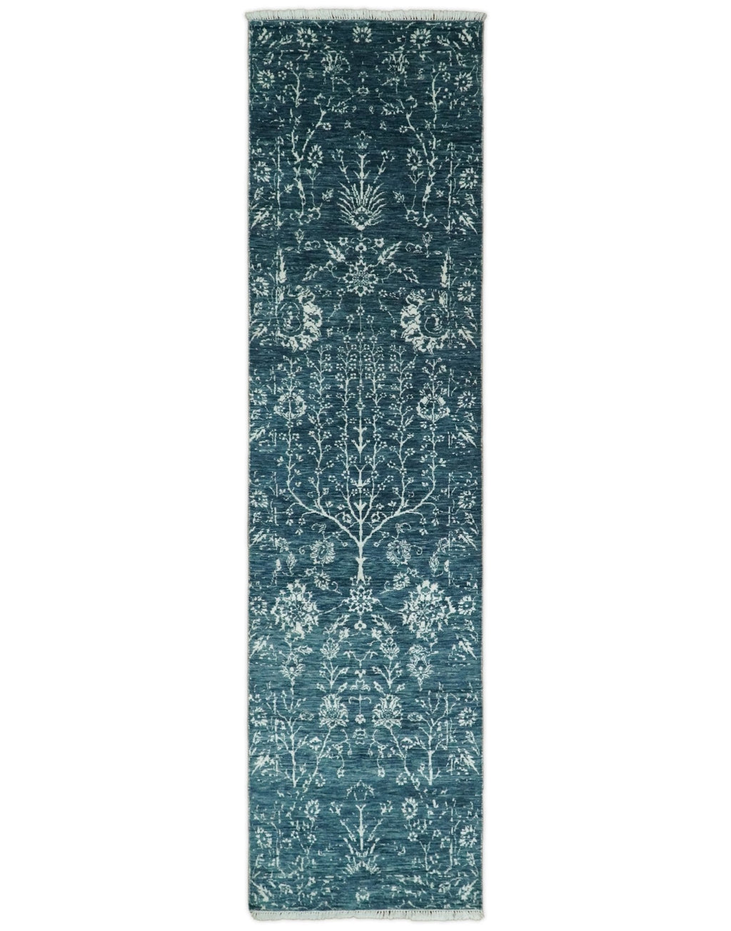 2.6x10 Fine Hand Knotted White and Blue Traditional Persian Style Antique Wool Rug