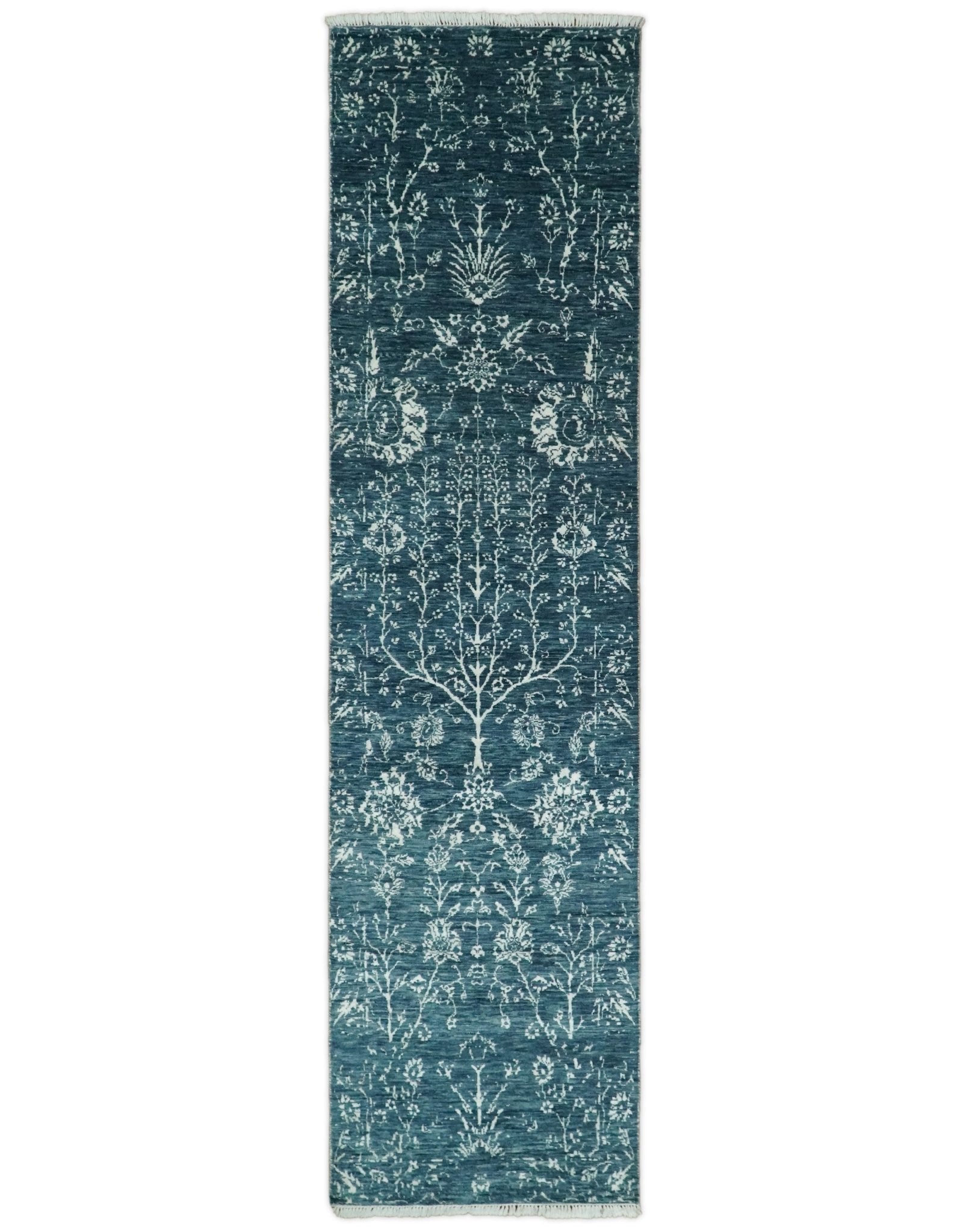2.6x10 Fine Hand Knotted White and Blue Traditional Persian Style Antique Wool Rug
