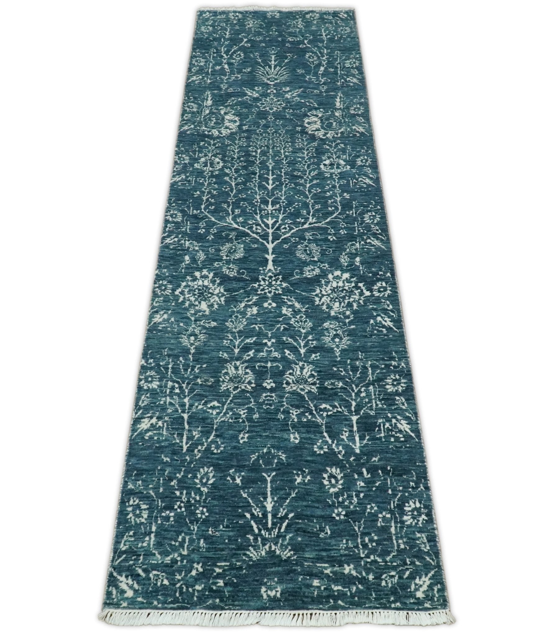 2.6x10 Fine Hand Knotted White and Blue Traditional Persian Style Antique Wool Rug