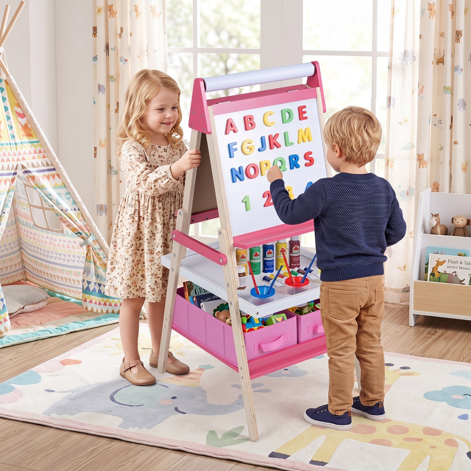 3-in-1 Kids Art Easel with Magnetic Whiteboard & Chalkboard