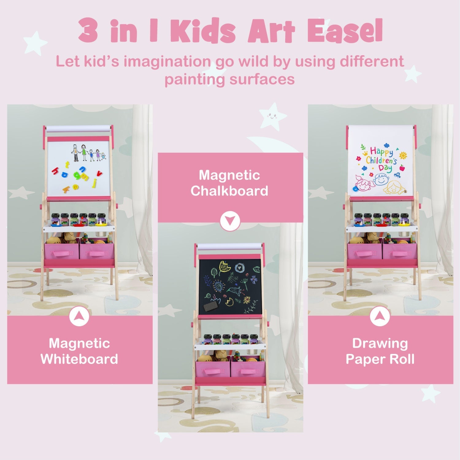 3-in-1 Kids Art Easel with Magnetic Whiteboard & Chalkboard
