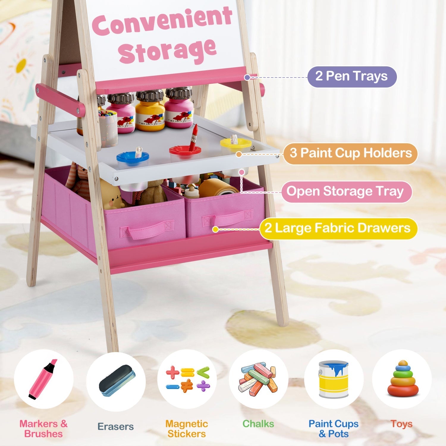 3-in-1 Kids Art Easel with Magnetic Whiteboard & Chalkboard