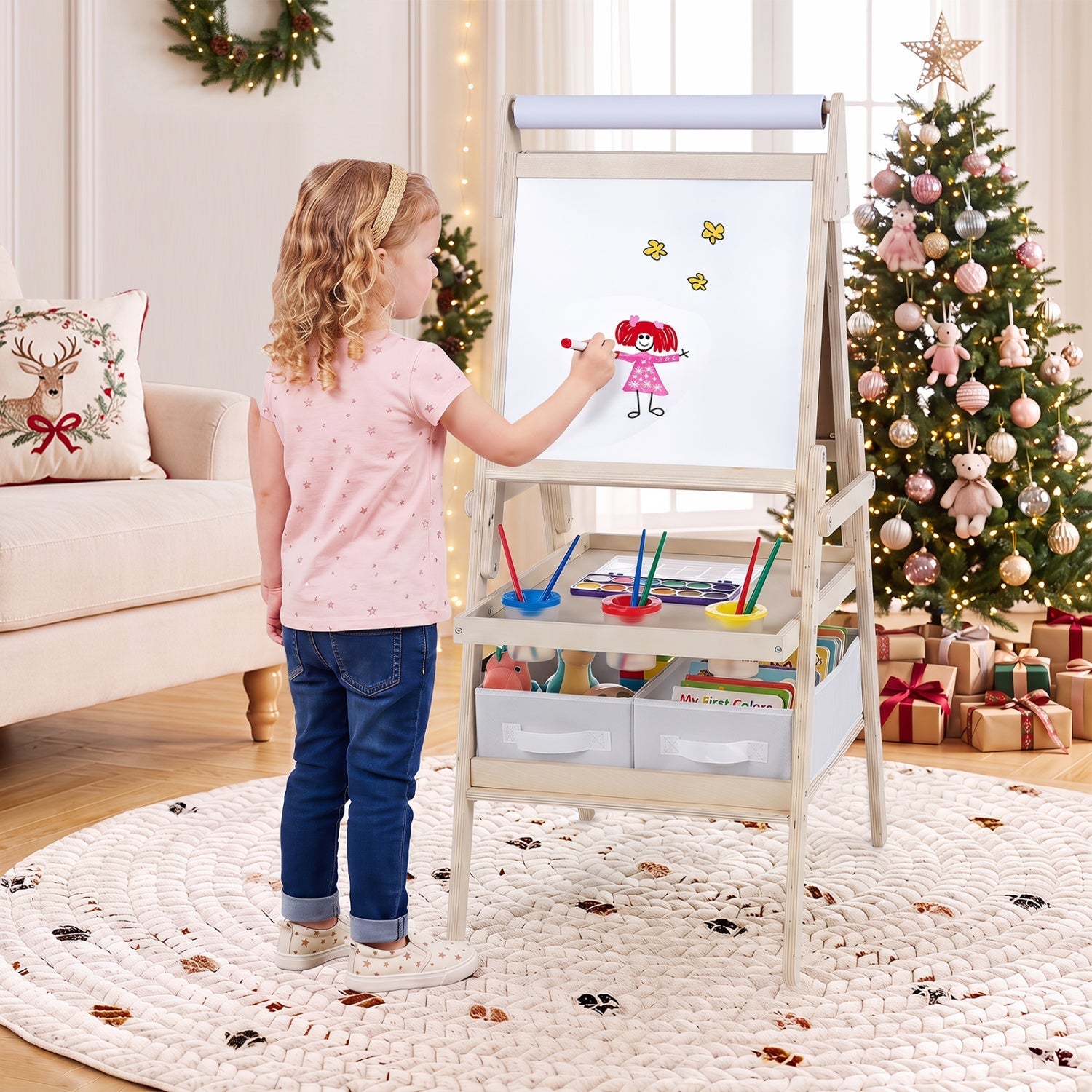 3-in-1 Kids Art Easel with Magnetic Whiteboard & Chalkboard