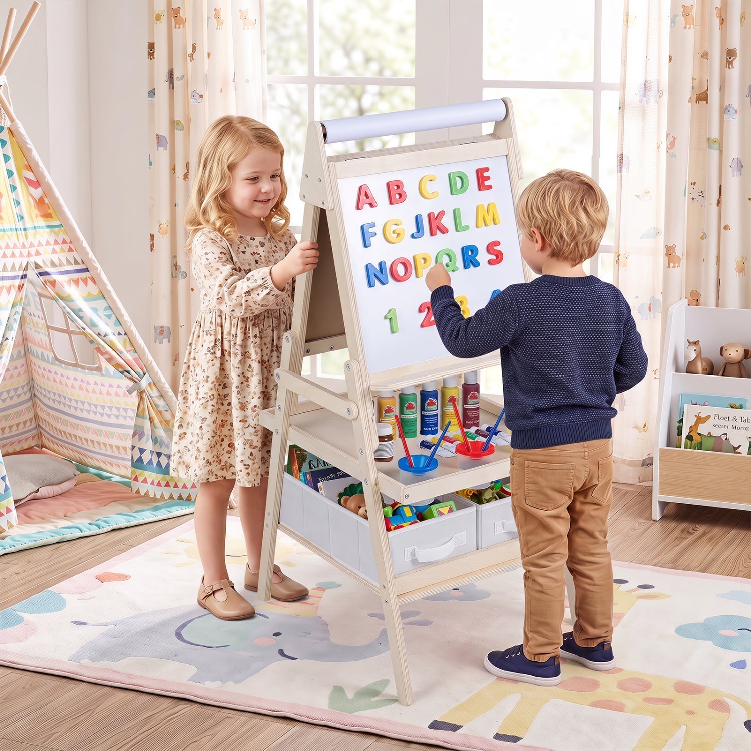 3-in-1 Kids Art Easel with Magnetic Whiteboard & Chalkboard