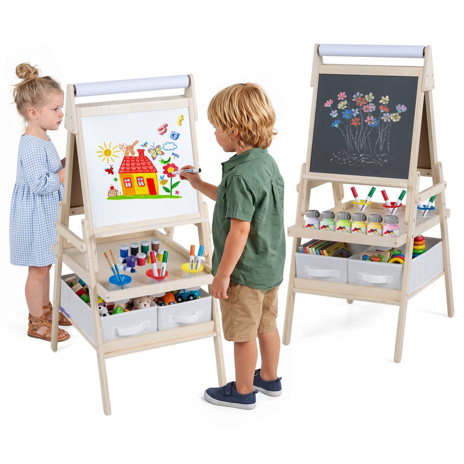 3-in-1 Kids Art Easel with Magnetic Whiteboard & Chalkboard