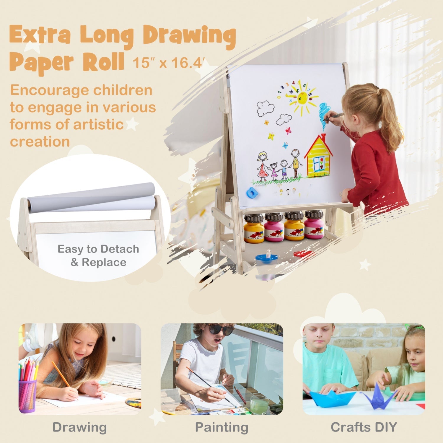 3-in-1 Kids Art Easel with Magnetic Whiteboard & Chalkboard