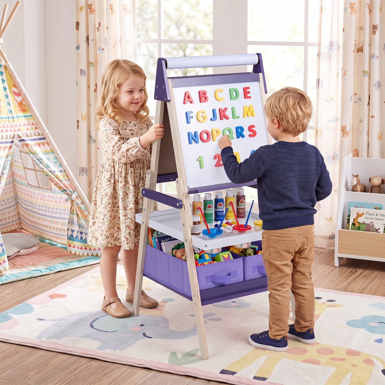 3-in-1 Kids Art Easel with Magnetic Whiteboard & Chalkboard