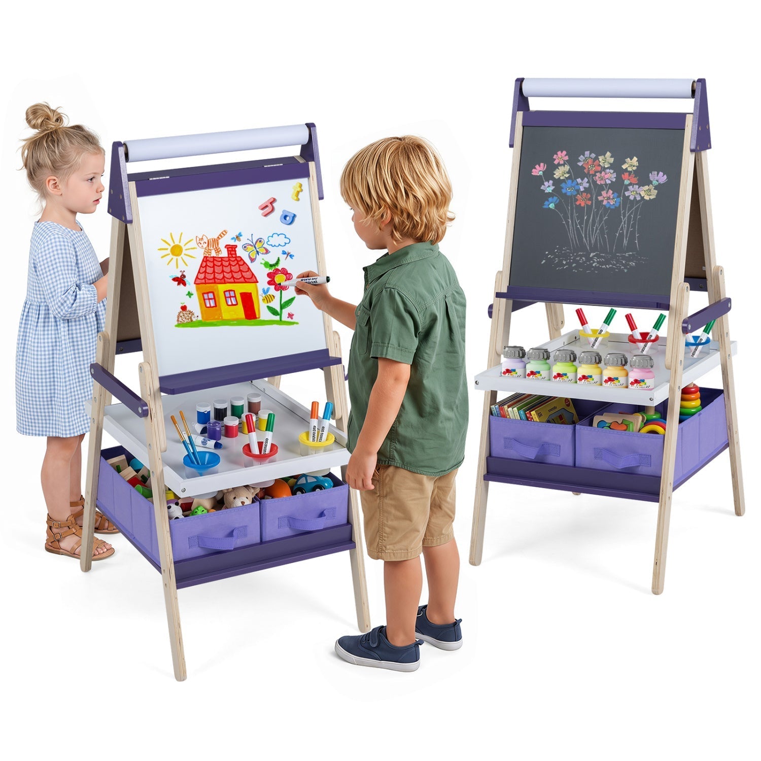 3-in-1 Kids Art Easel with Magnetic Whiteboard & Chalkboard