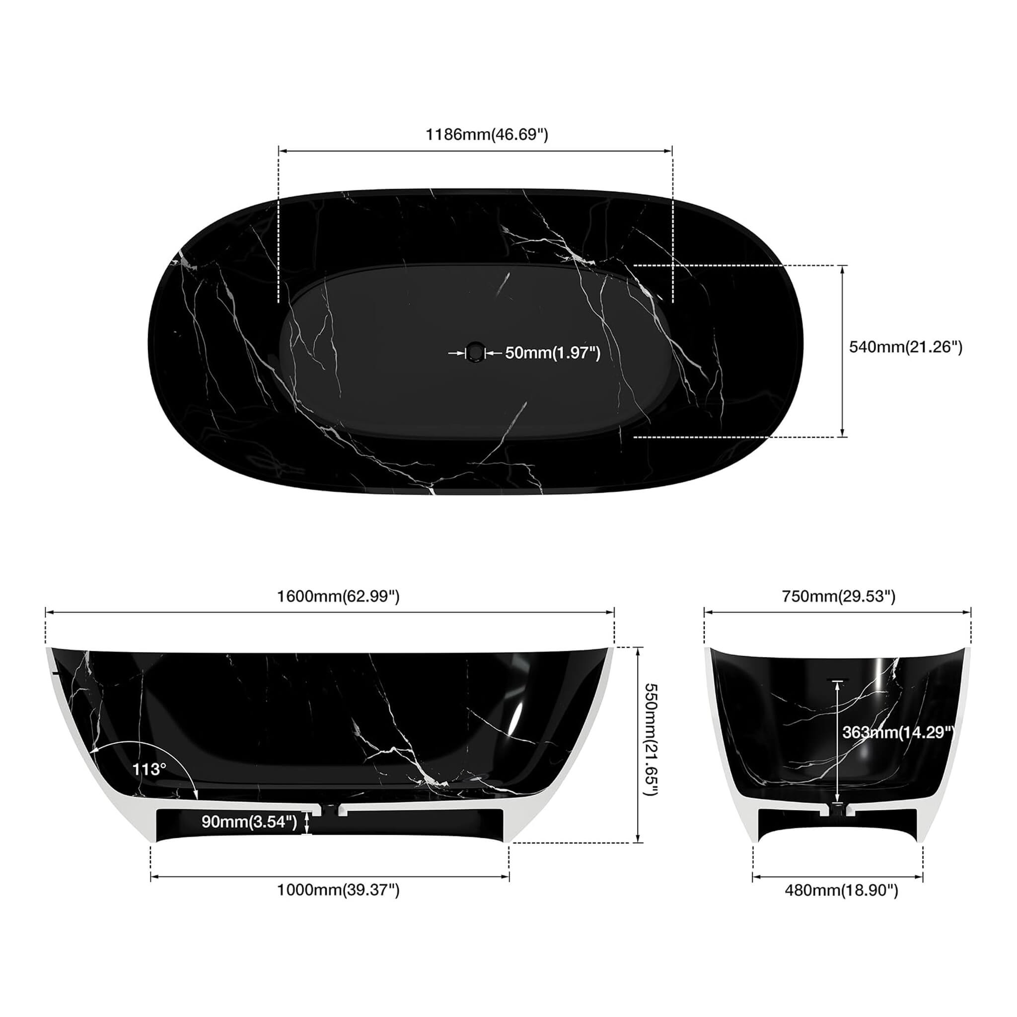 [63X29.5-Inch] Nuvia Freestanding Modern Marble-Design Solid Surface Soaking Tub With Overflow (SAK11528)