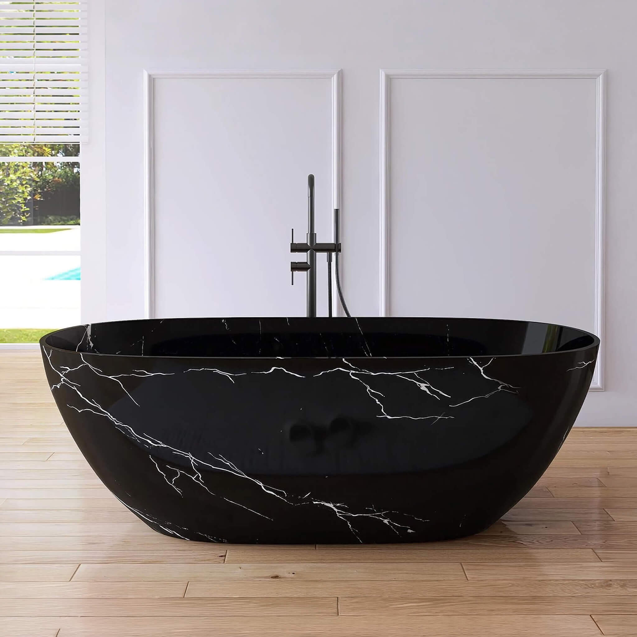 [63X29.5-Inch] Nuvia Freestanding Modern Marble-Design Solid Surface Soaking Tub With Overflow (SAK11528)