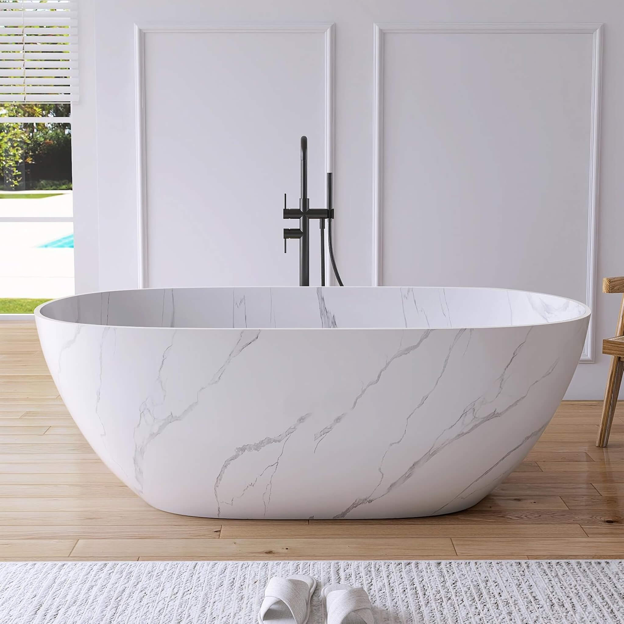 [63X29.5-Inch] Nuvia Freestanding Modern Marble-Design Solid Surface Soaking Tub With Overflow (SAK11528)