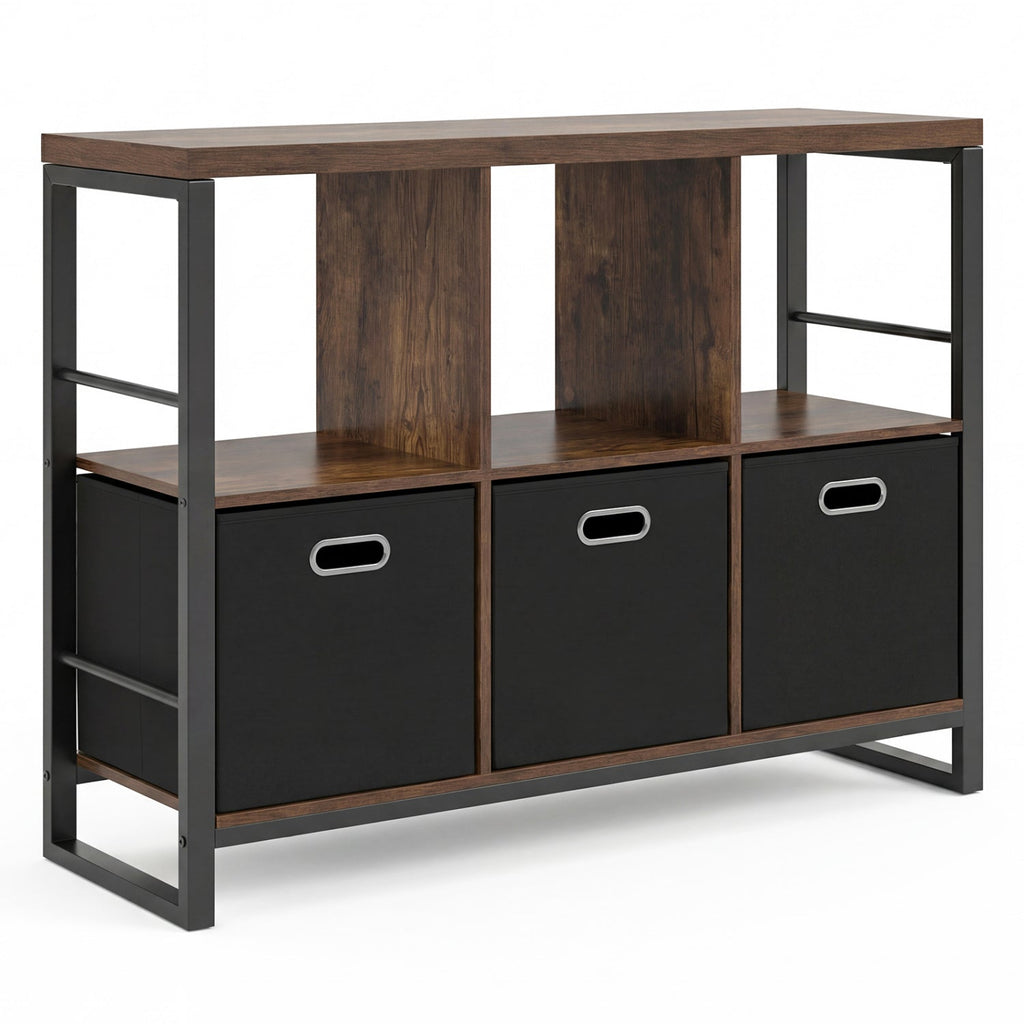 6-Cube Industrial Bookshelf with Storage Bins & Metal Frame