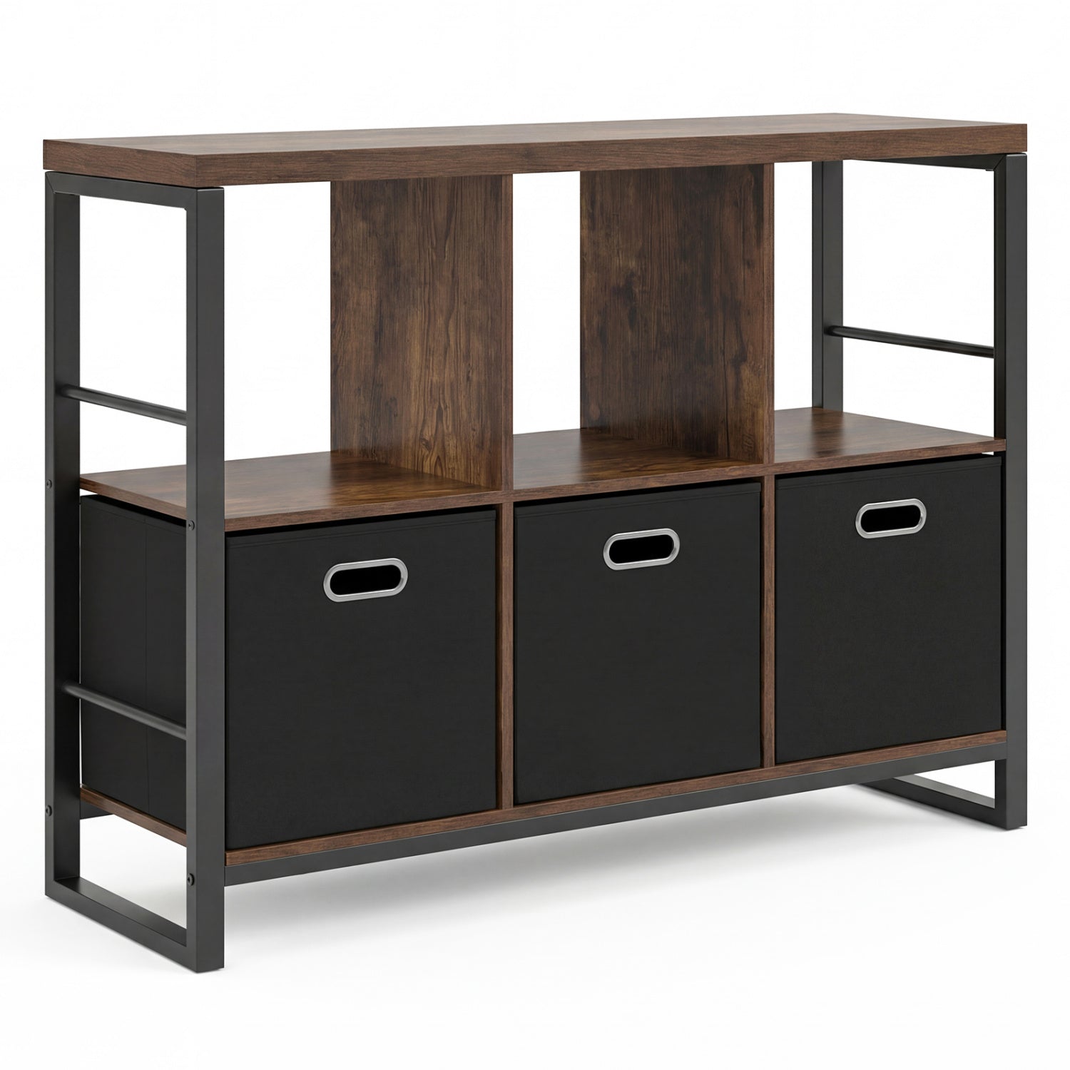 6-Cube Industrial Bookshelf with Storage Bins & Metal Frame