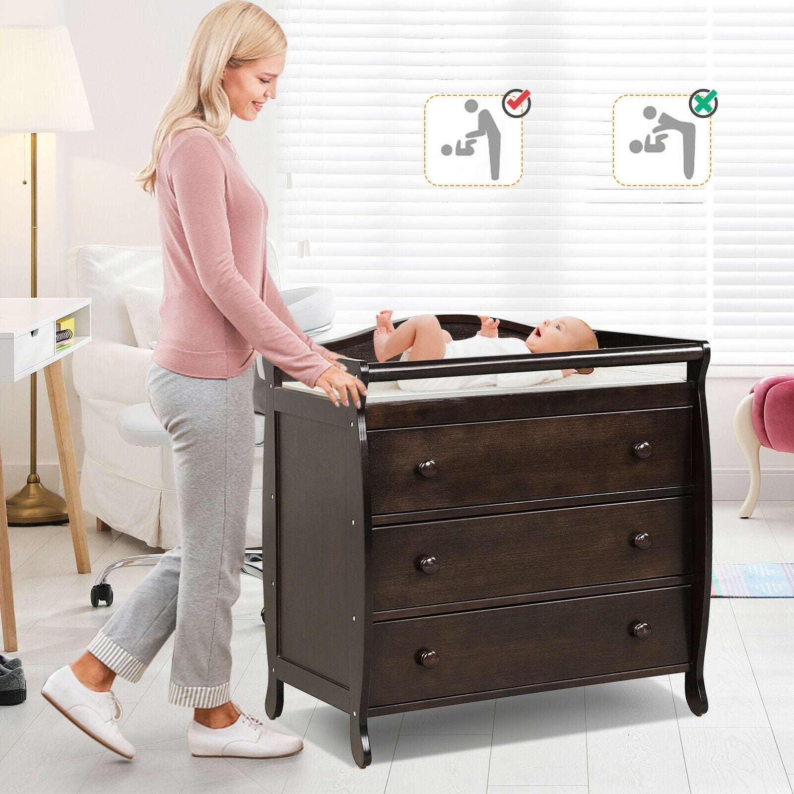 Baby Changing Table Infant Diaper with 3 Drawers and Safety Belt
