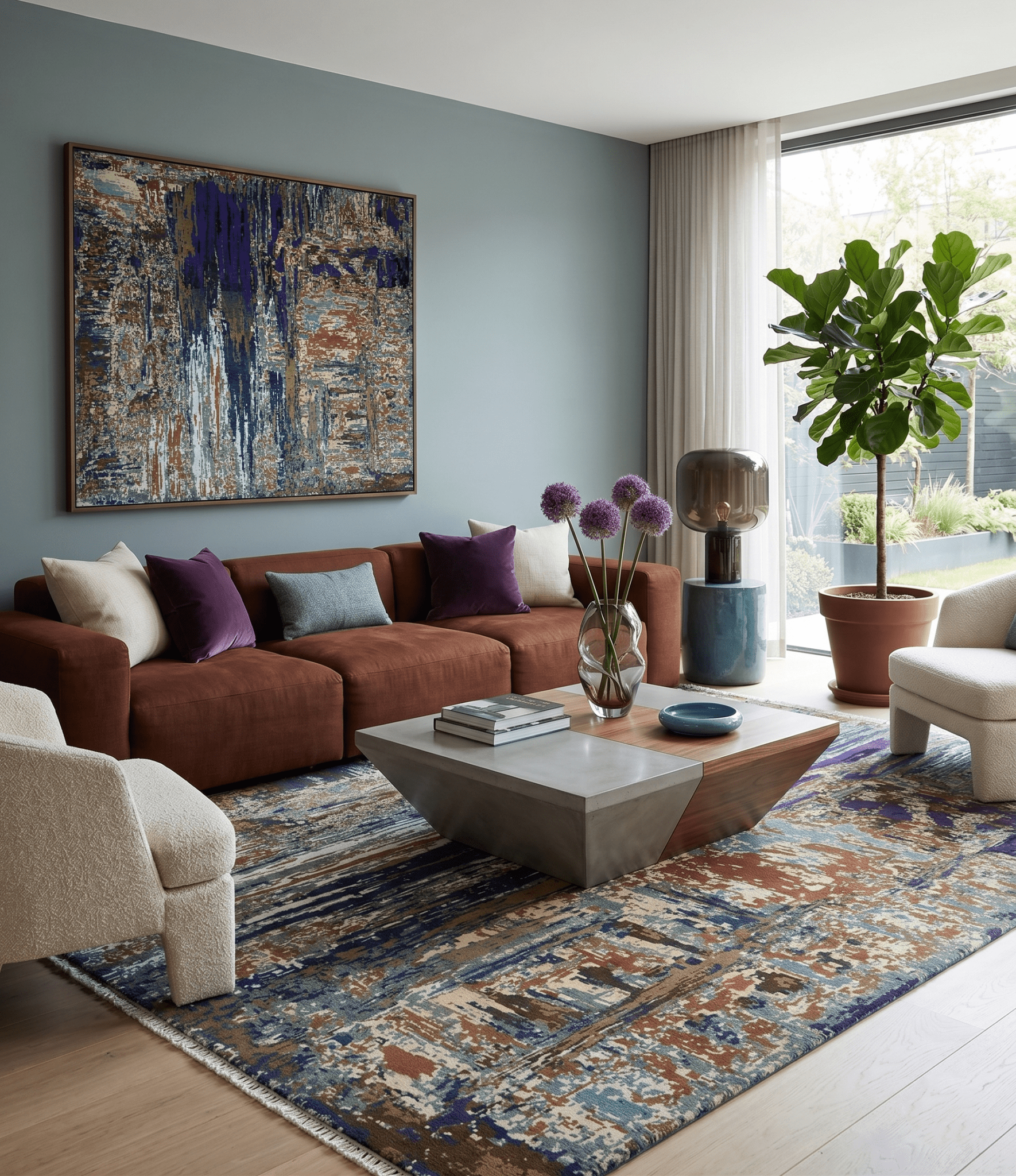8x10 Fine Hand Knotted Blue And Brown Modern Abstract Wool and Bamboo Silk Area Rug