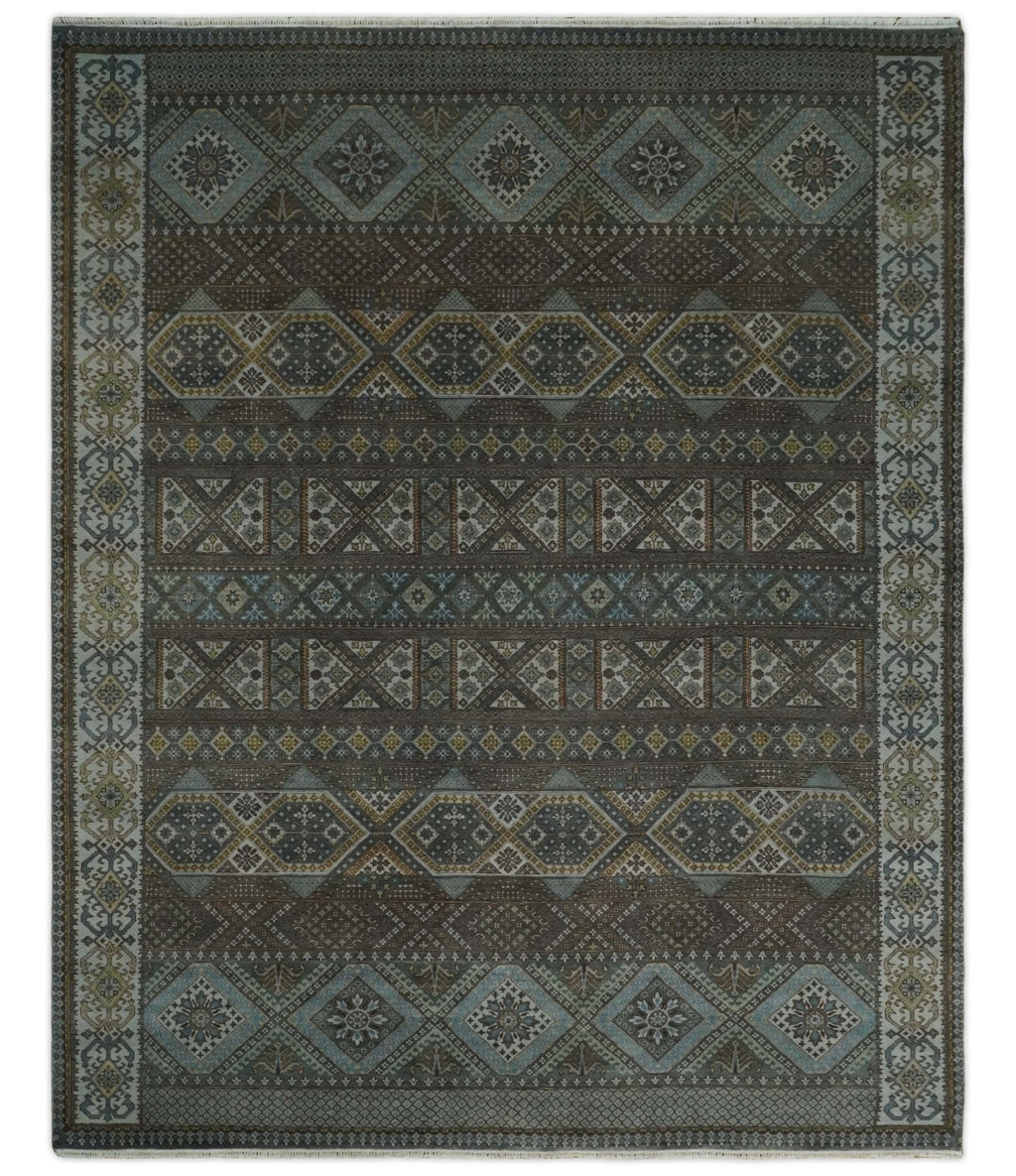 8x10 Fine Hand Knotted Brown and Blue Southwestern Traditional Antique Area Rug