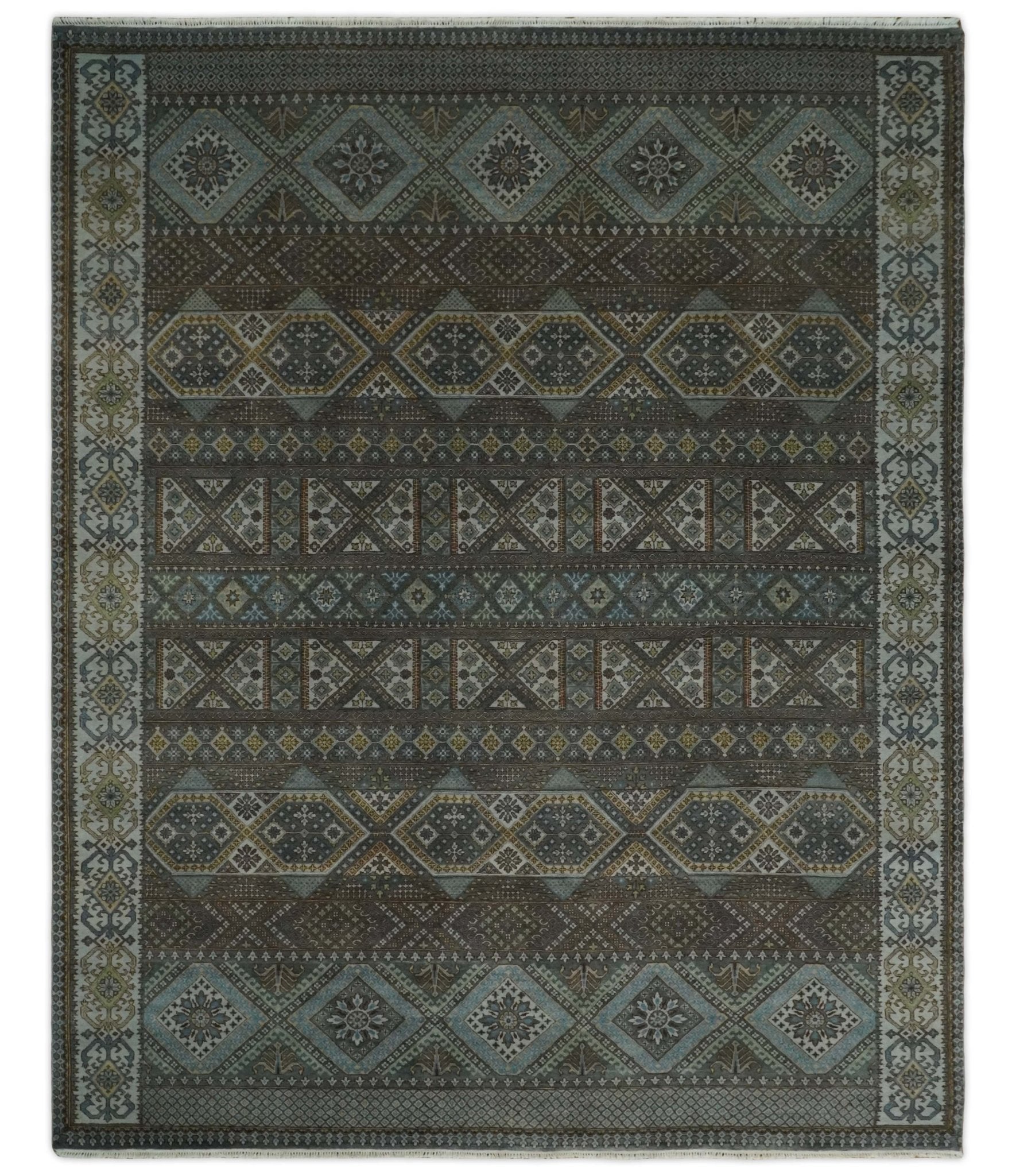 8x10 Fine Hand Knotted Brown and Blue Southwestern Traditional Antique Area Rug