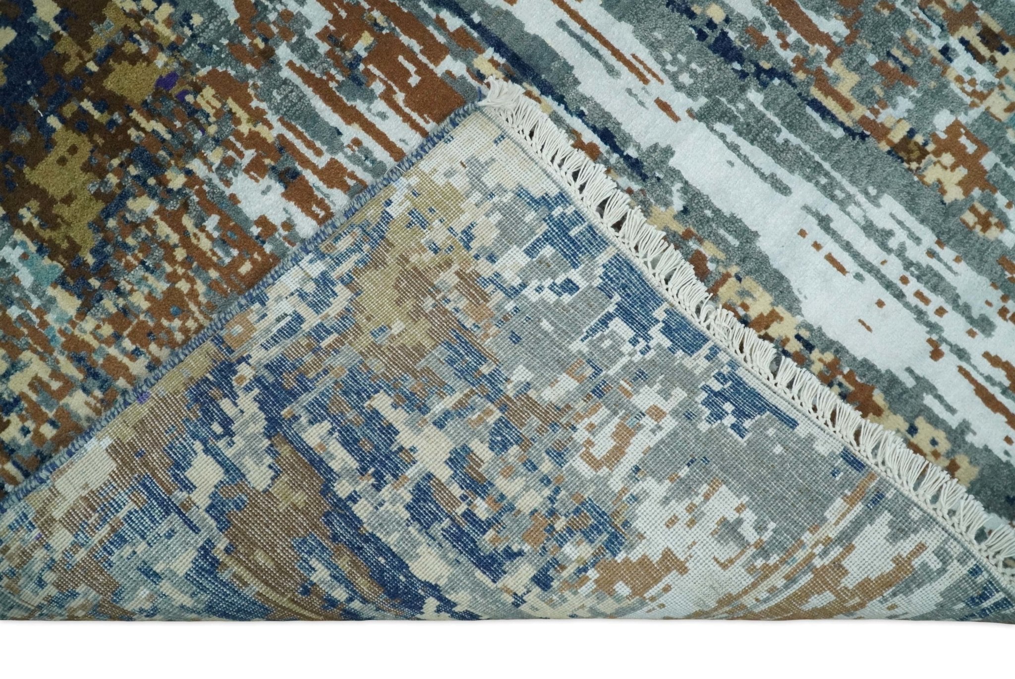 8x10 Fine Hand Knotted Blue And Brown Modern Abstract Wool and Bamboo Silk Area Rug