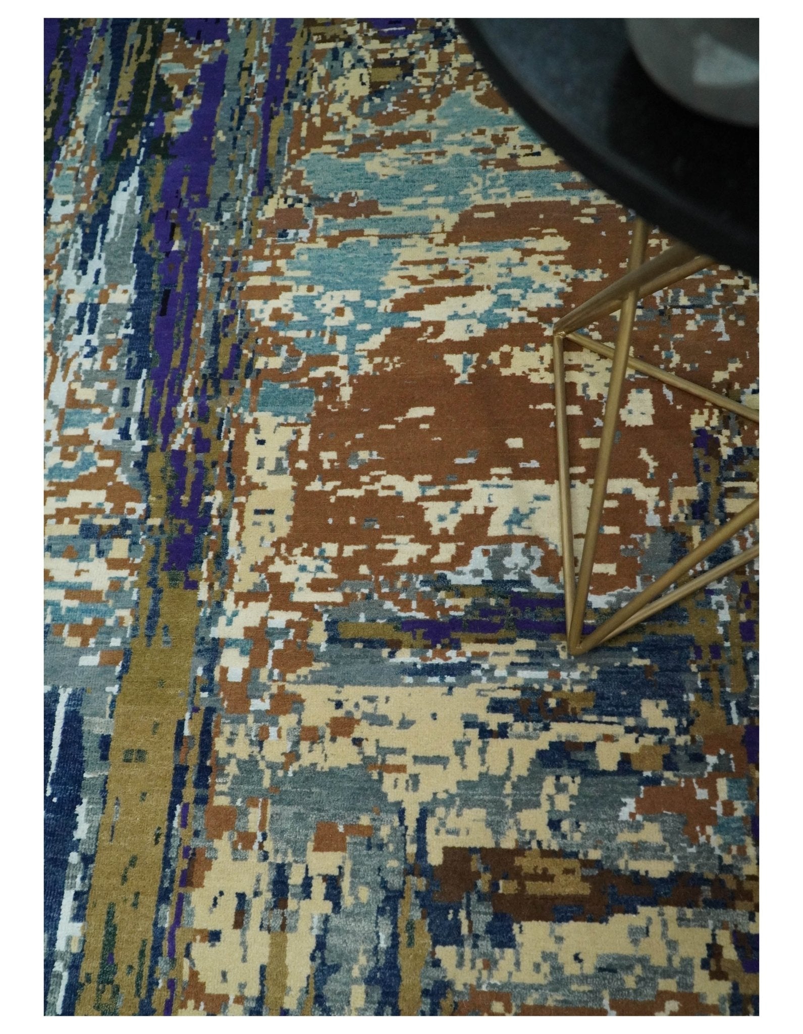 8x10 Fine Hand Knotted Blue And Brown Modern Abstract Wool and Bamboo Silk Area Rug