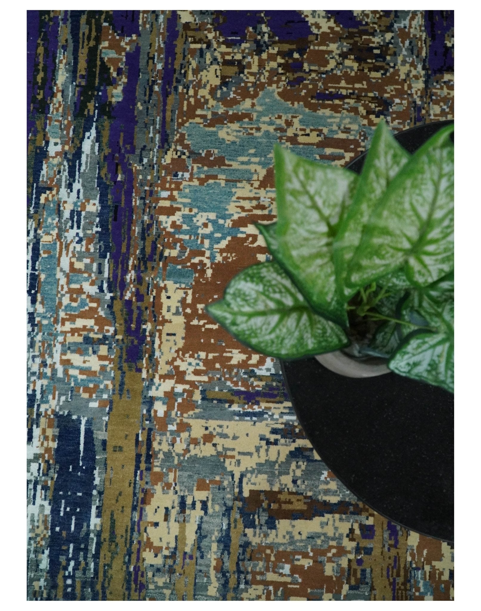 8x10 Fine Hand Knotted Blue And Brown Modern Abstract Wool and Bamboo Silk Area Rug