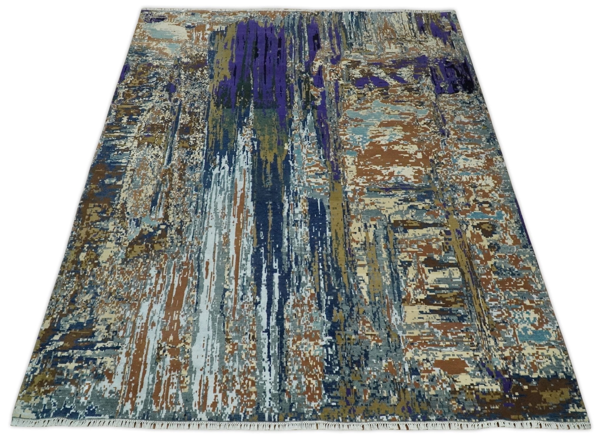 8x10 Fine Hand Knotted Blue And Brown Modern Abstract Wool and Bamboo Silk Area Rug