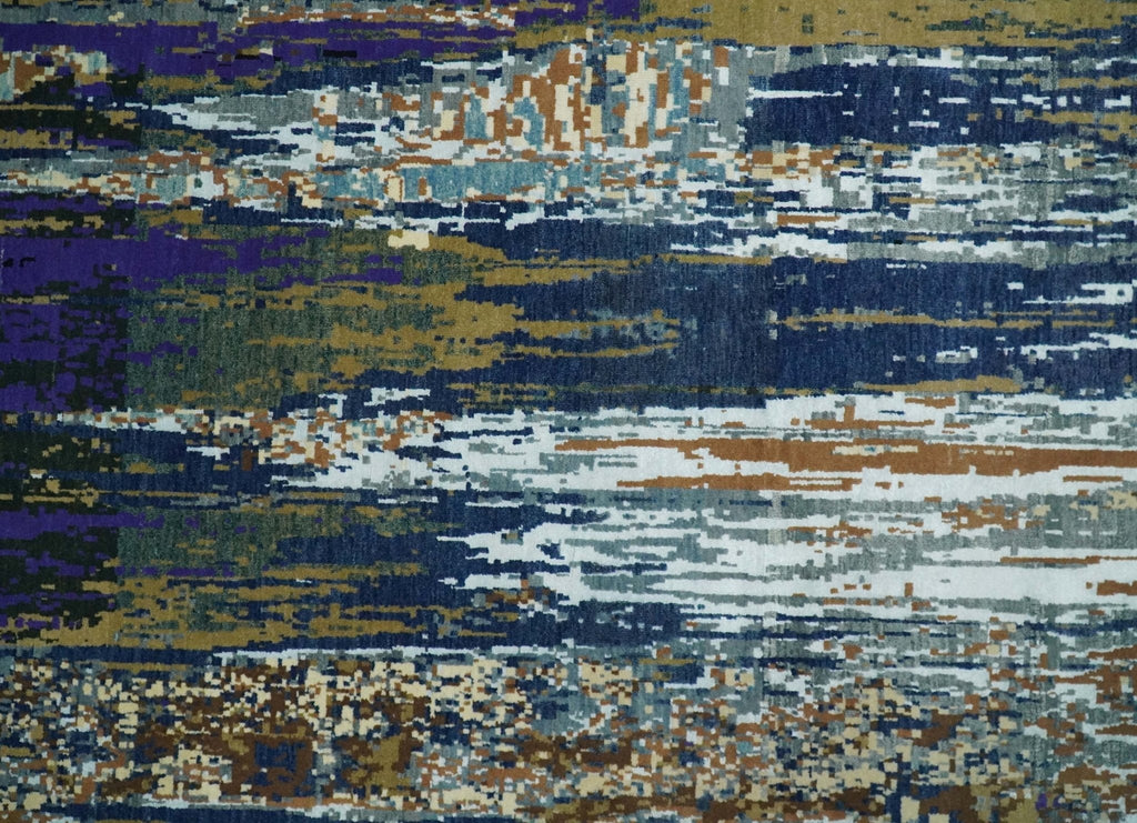 8x10 Fine Hand Knotted Blue And Brown Modern Abstract Wool and Bamboo Silk Area Rug