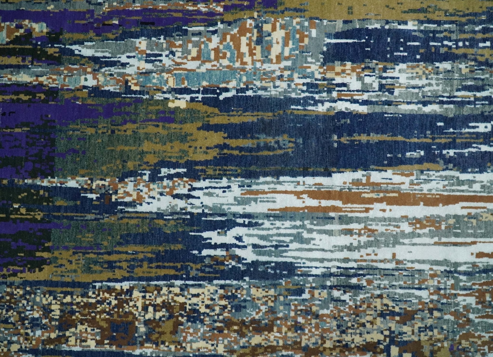 8x10 Fine Hand Knotted Blue And Brown Modern Abstract Wool and Bamboo Silk Area Rug