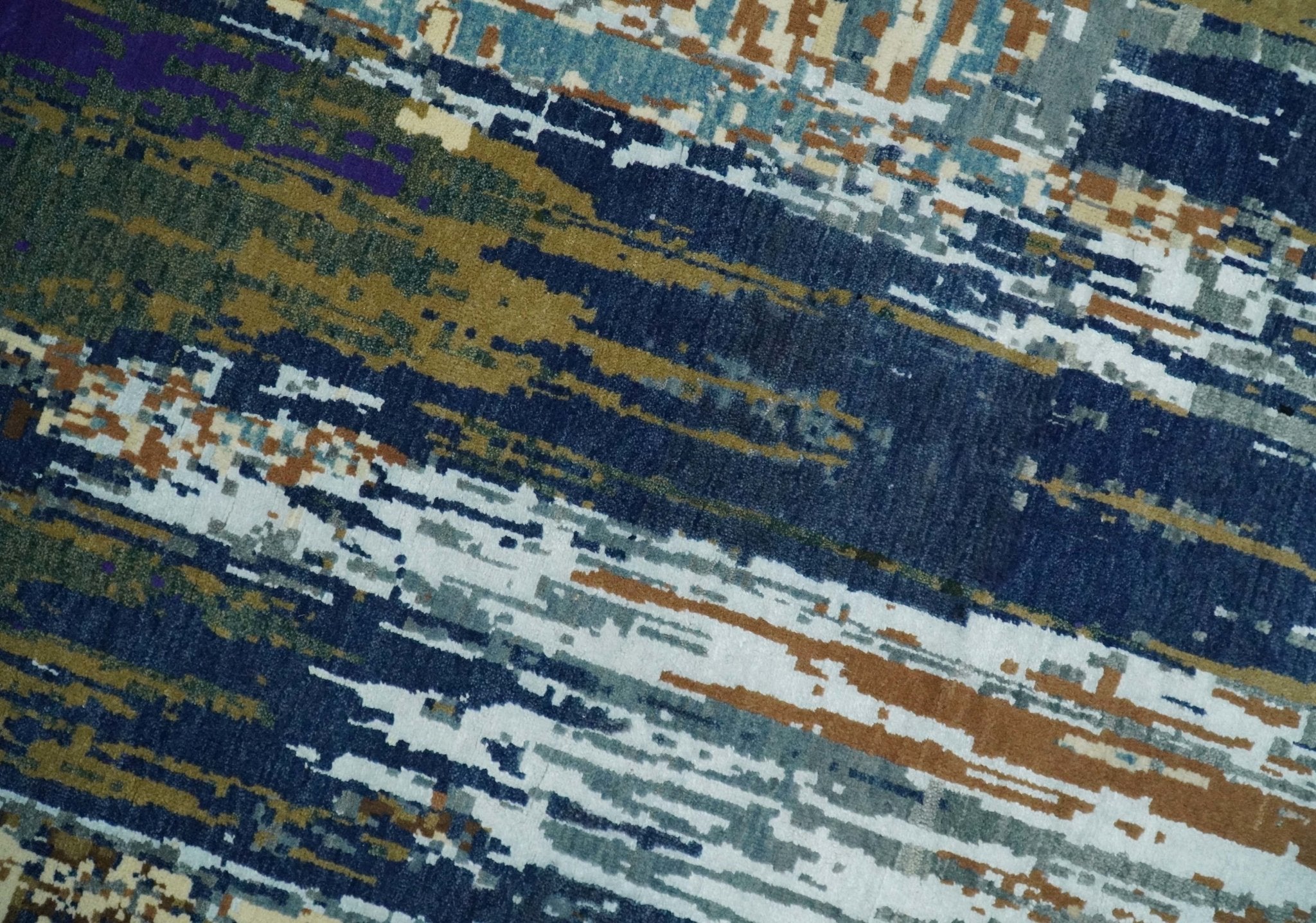 8x10 Fine Hand Knotted Blue And Brown Modern Abstract Wool and Bamboo Silk Area Rug