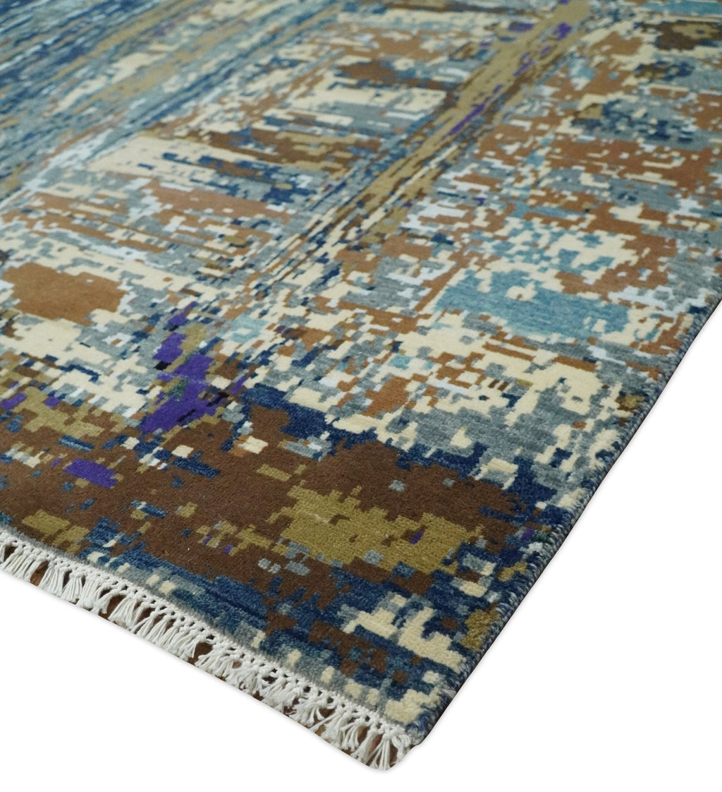 8x10 Fine Hand Knotted Blue And Brown Modern Abstract Wool and Bamboo Silk Area Rug