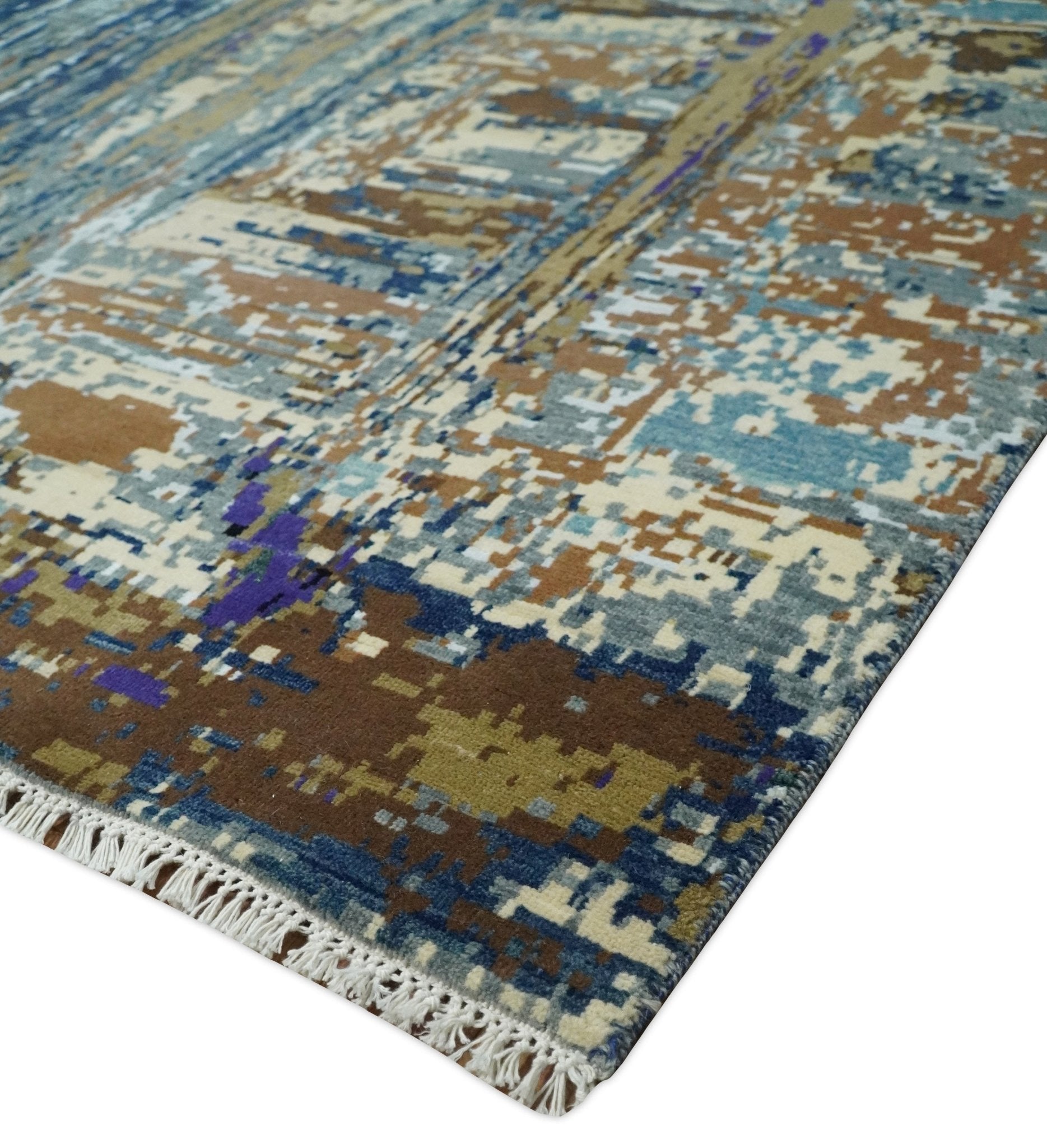 8x10 Fine Hand Knotted Blue And Brown Modern Abstract Wool and Bamboo Silk Area Rug
