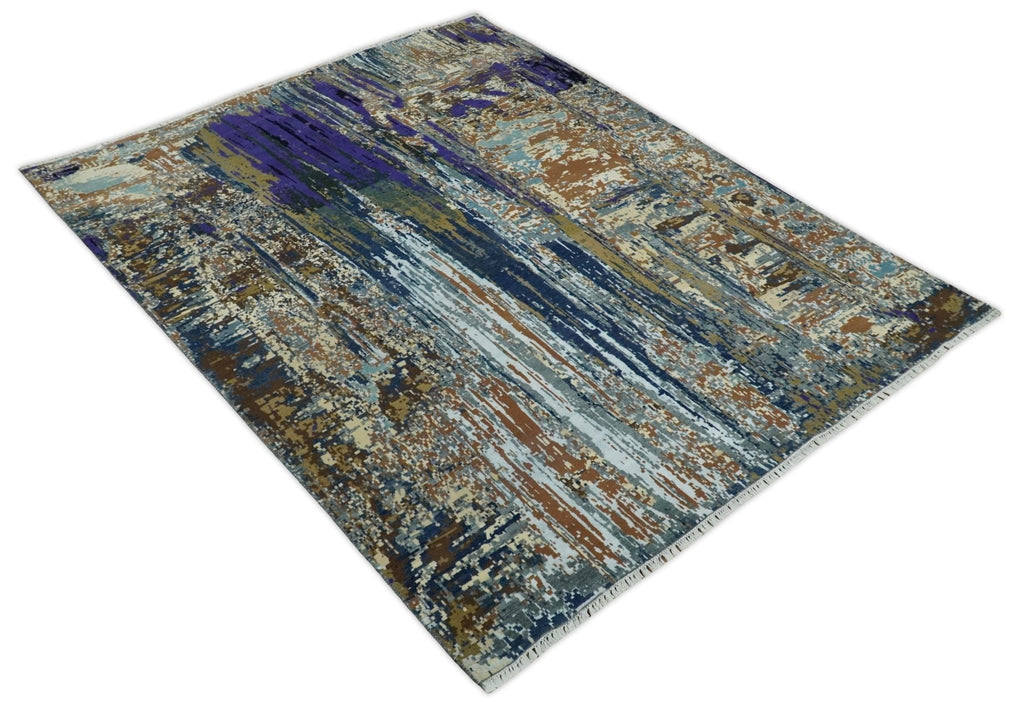 8x10 Fine Hand Knotted Blue And Brown Modern Abstract Wool and Bamboo Silk Area Rug