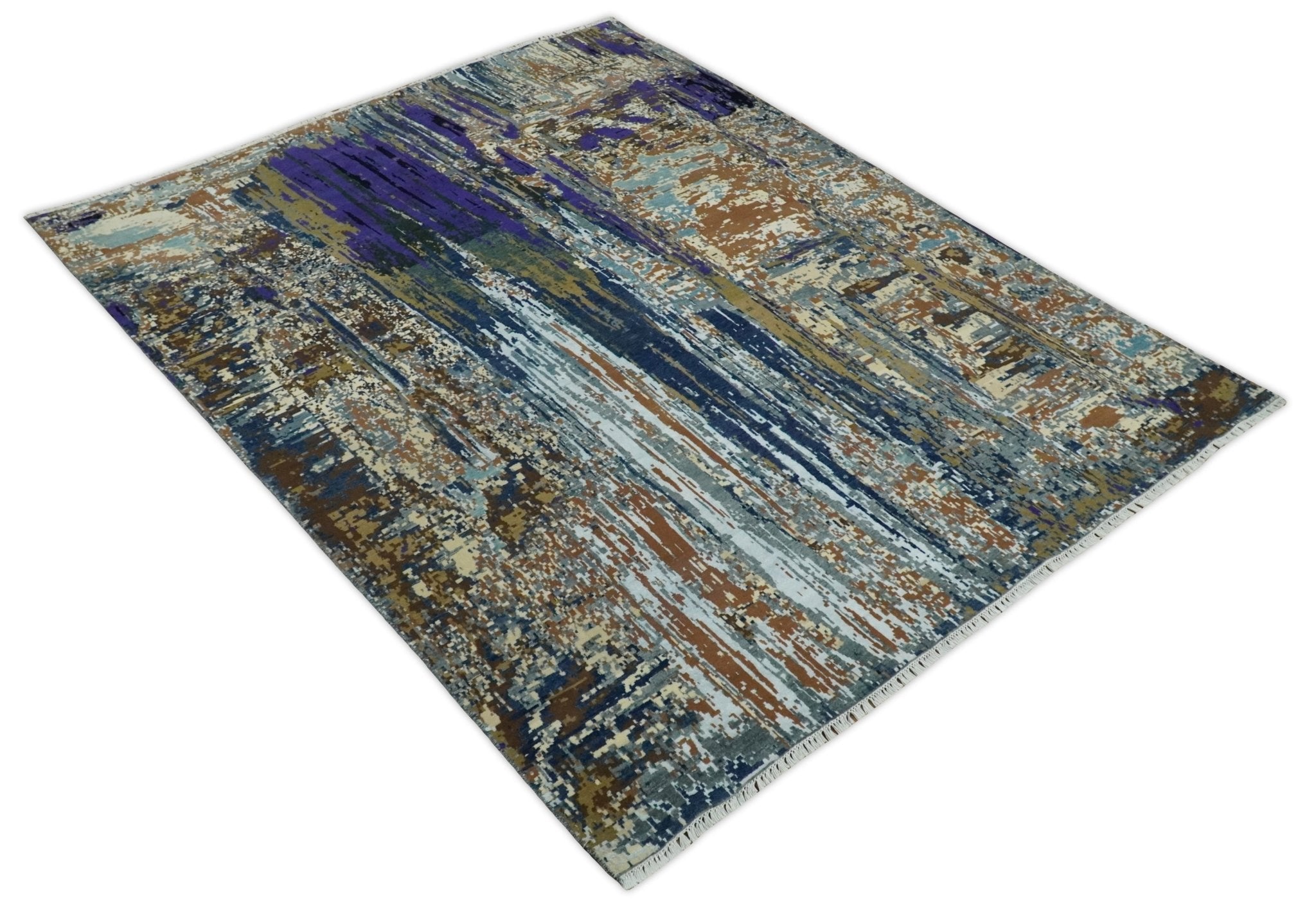 8x10 Fine Hand Knotted Blue And Brown Modern Abstract Wool and Bamboo Silk Area Rug