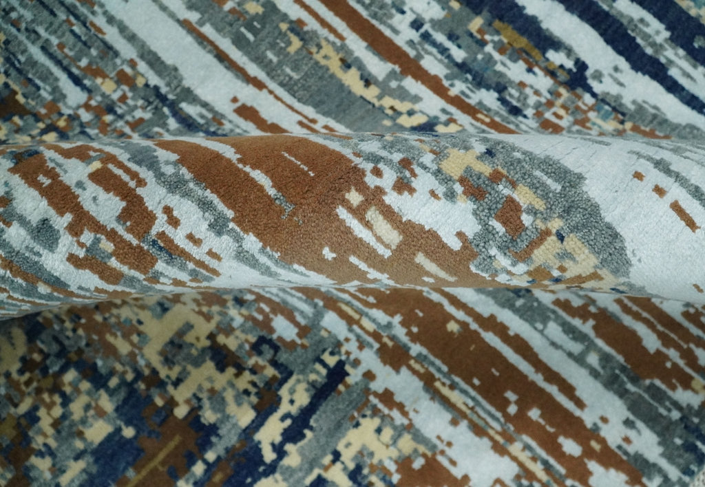 8x10 Fine Hand Knotted Blue And Brown Modern Abstract Wool and Bamboo Silk Area Rug