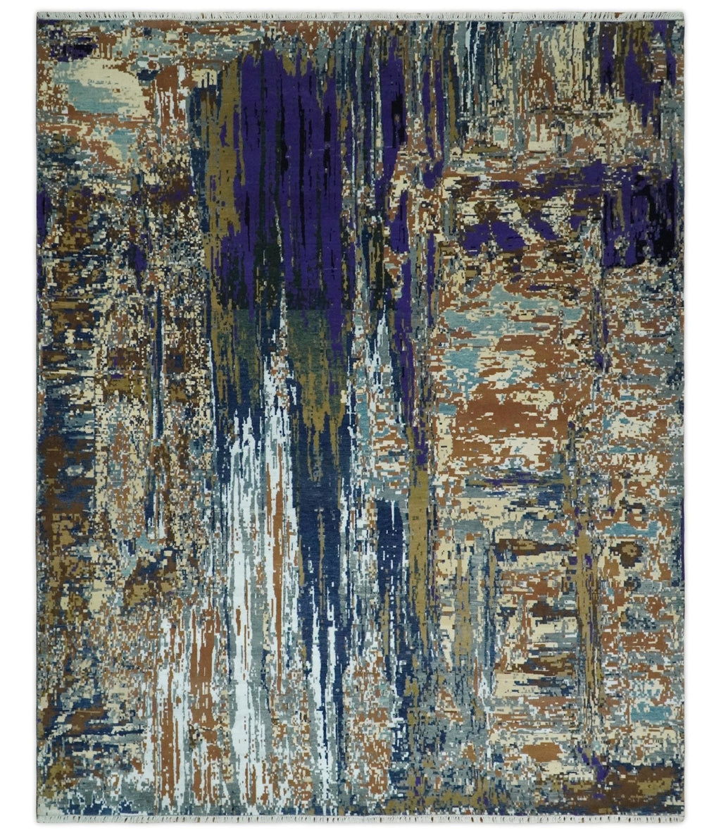 8x10 Fine Hand Knotted Blue And Brown Modern Abstract Wool and Bamboo Silk Area Rug